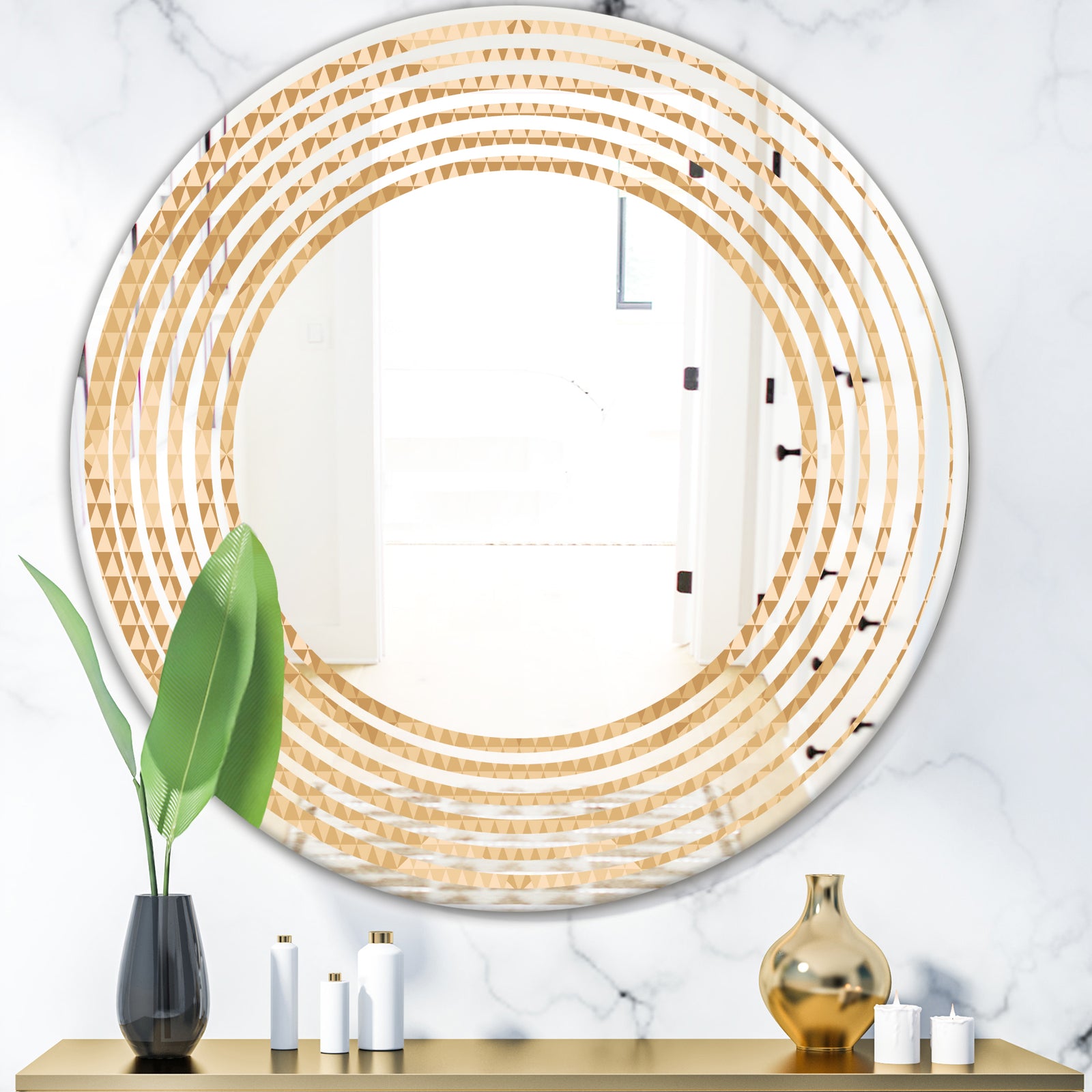 Beige Retro Triangular Wave - Modern Round or Oval Wall Mirror - Wave
