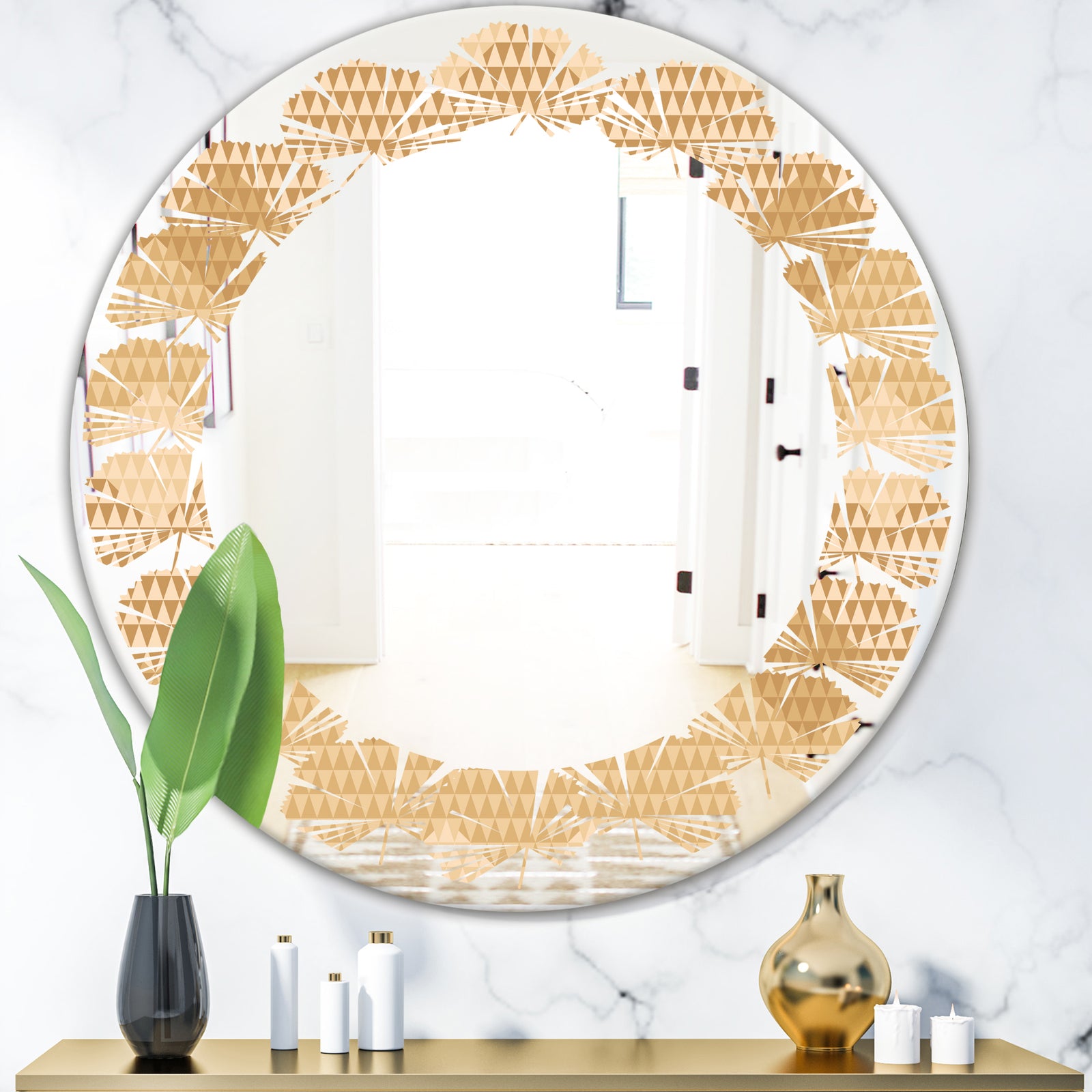 Beige Retro Triangular Wave - Modern Round or Oval Wall Mirror - Leaves
