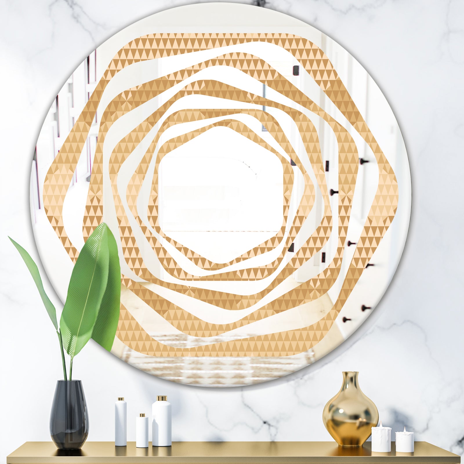 Beige Retro Triangular Wave - Modern Round or Oval Wall Mirror - Whirl