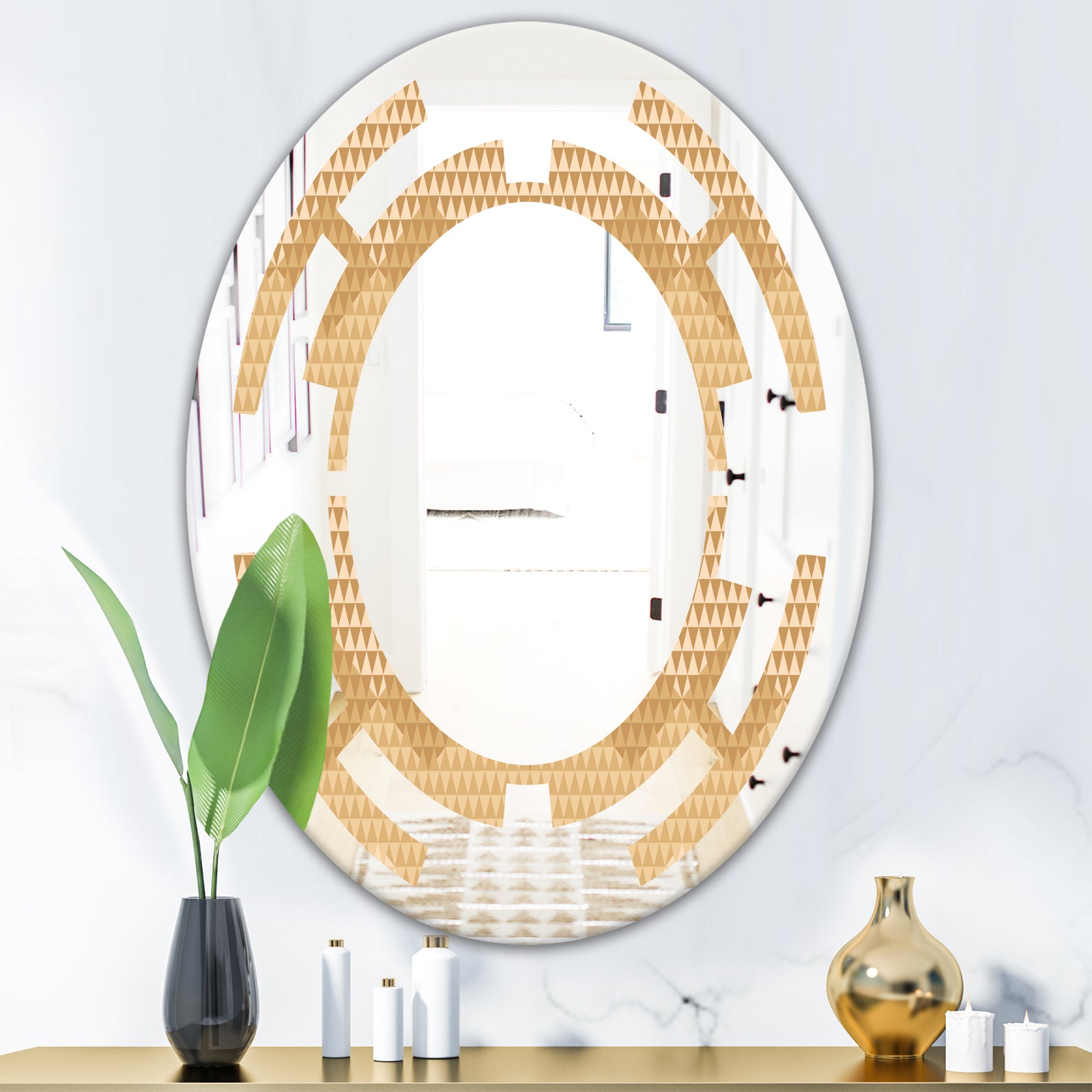 Beige Retro Triangular Wave - Modern Round or Oval Wall Mirror - Space