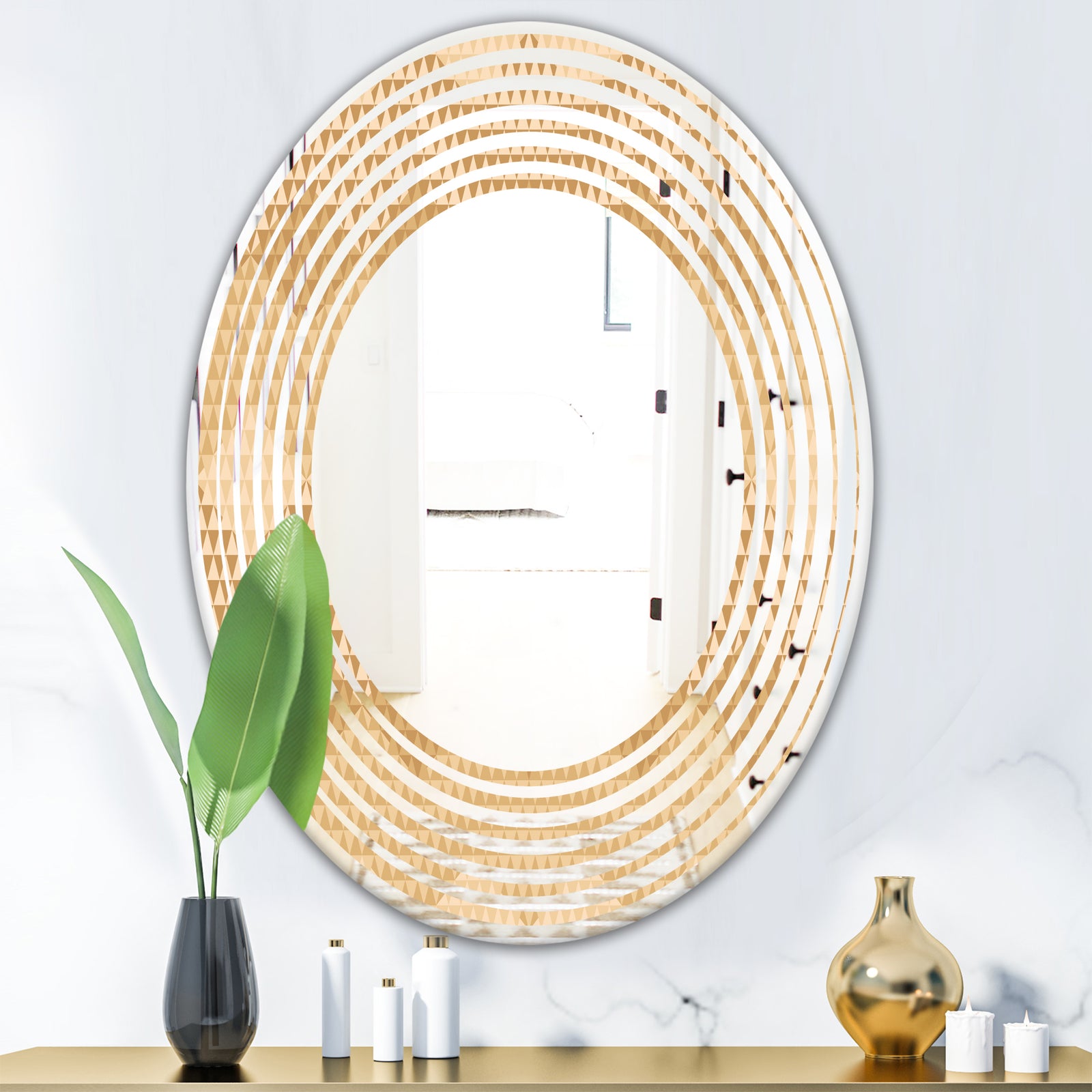 Beige Retro Triangular Wave - Modern Round or Oval Wall Mirror - Wave
