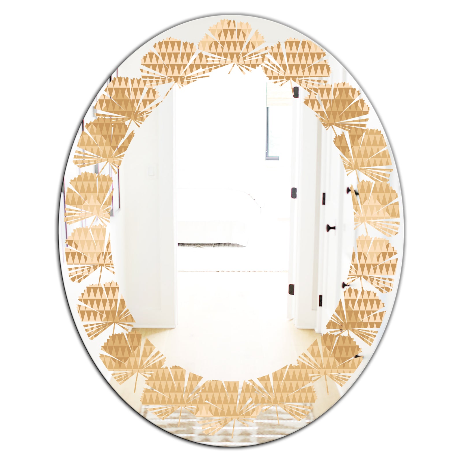 Beige Retro Triangular Wave - Modern Round or Oval Wall Mirror - Leaves
