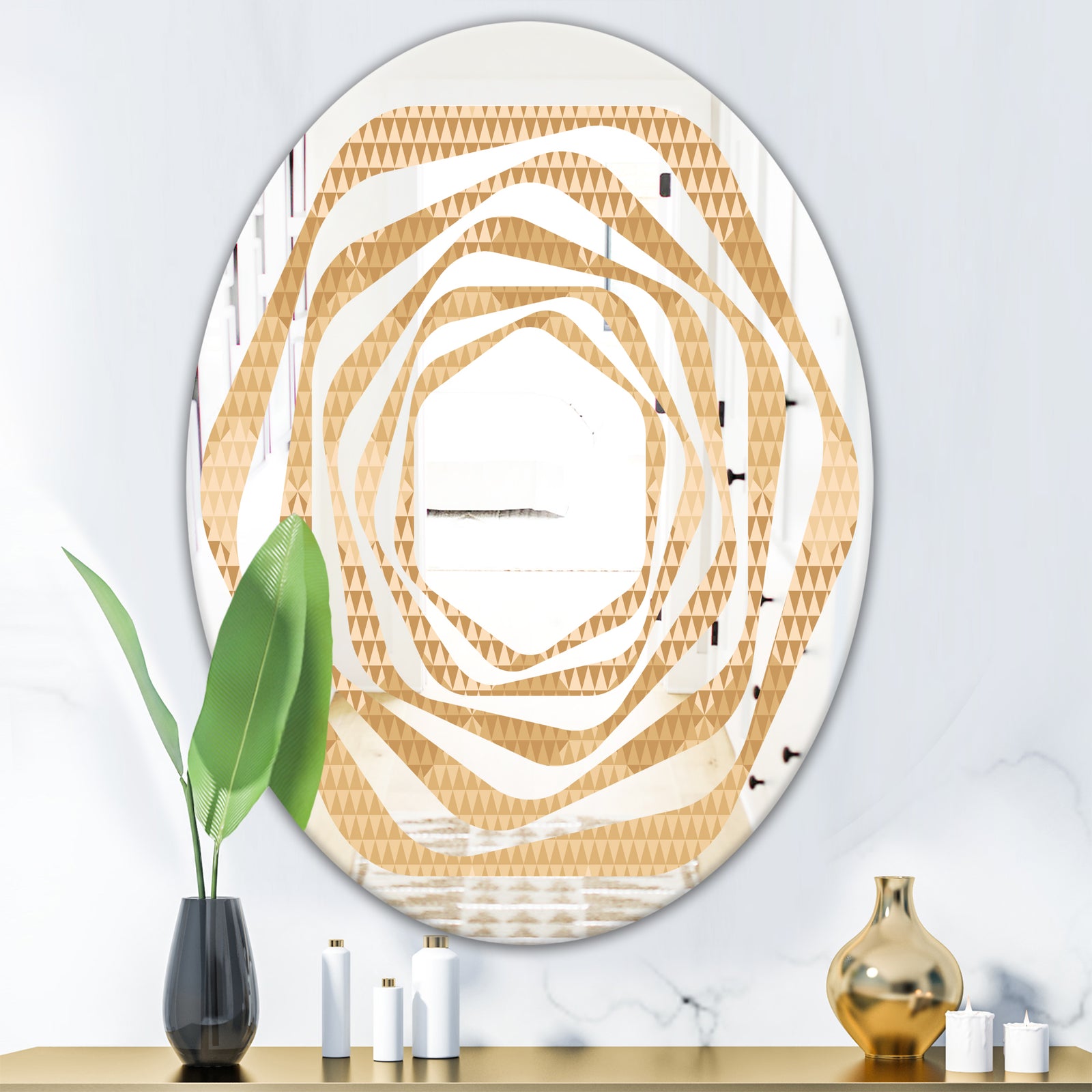 Beige Retro Triangular Wave - Modern Round or Oval Wall Mirror - Whirl