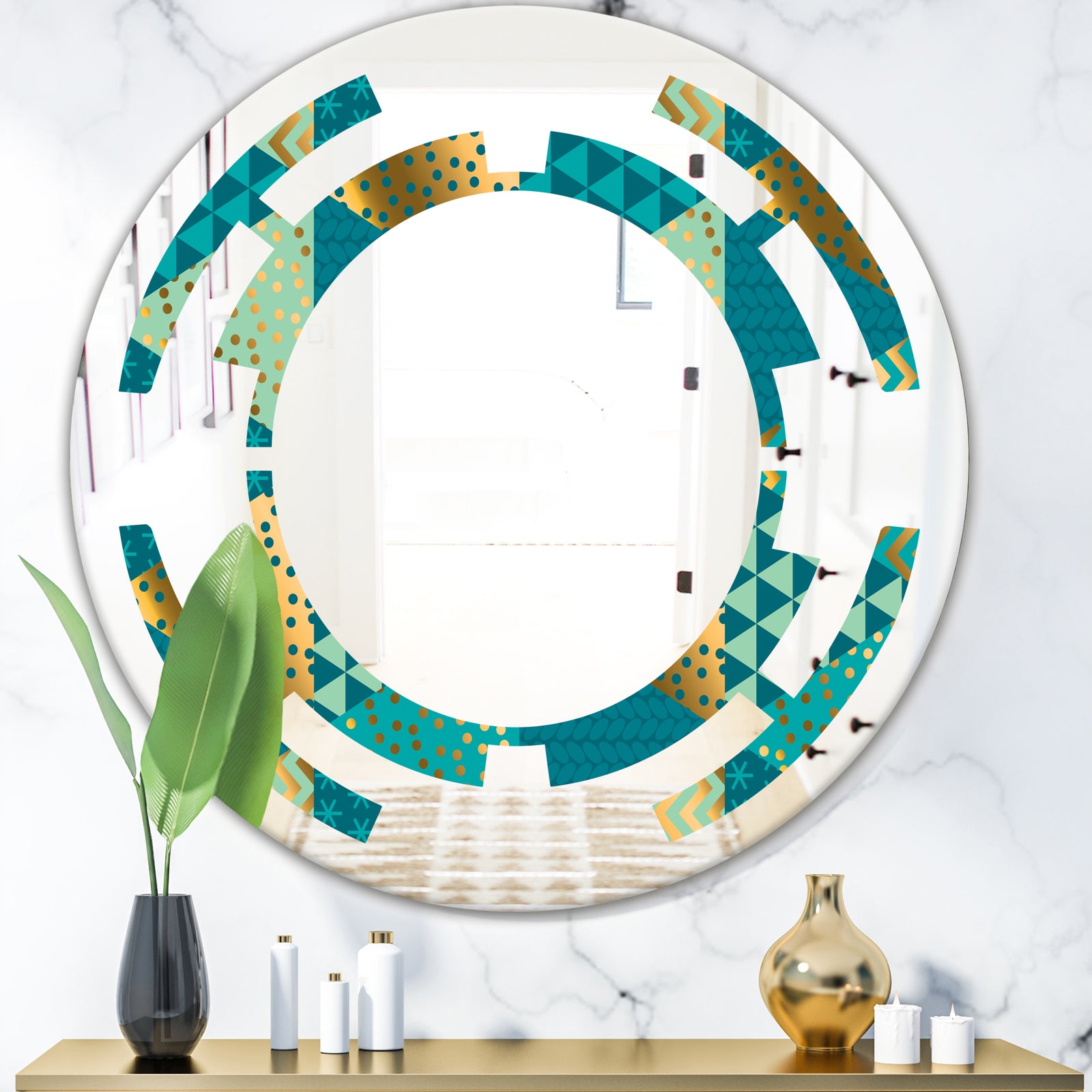 Gold and Blue Dynamics I - Modern Round or Oval Wall Mirror - Space