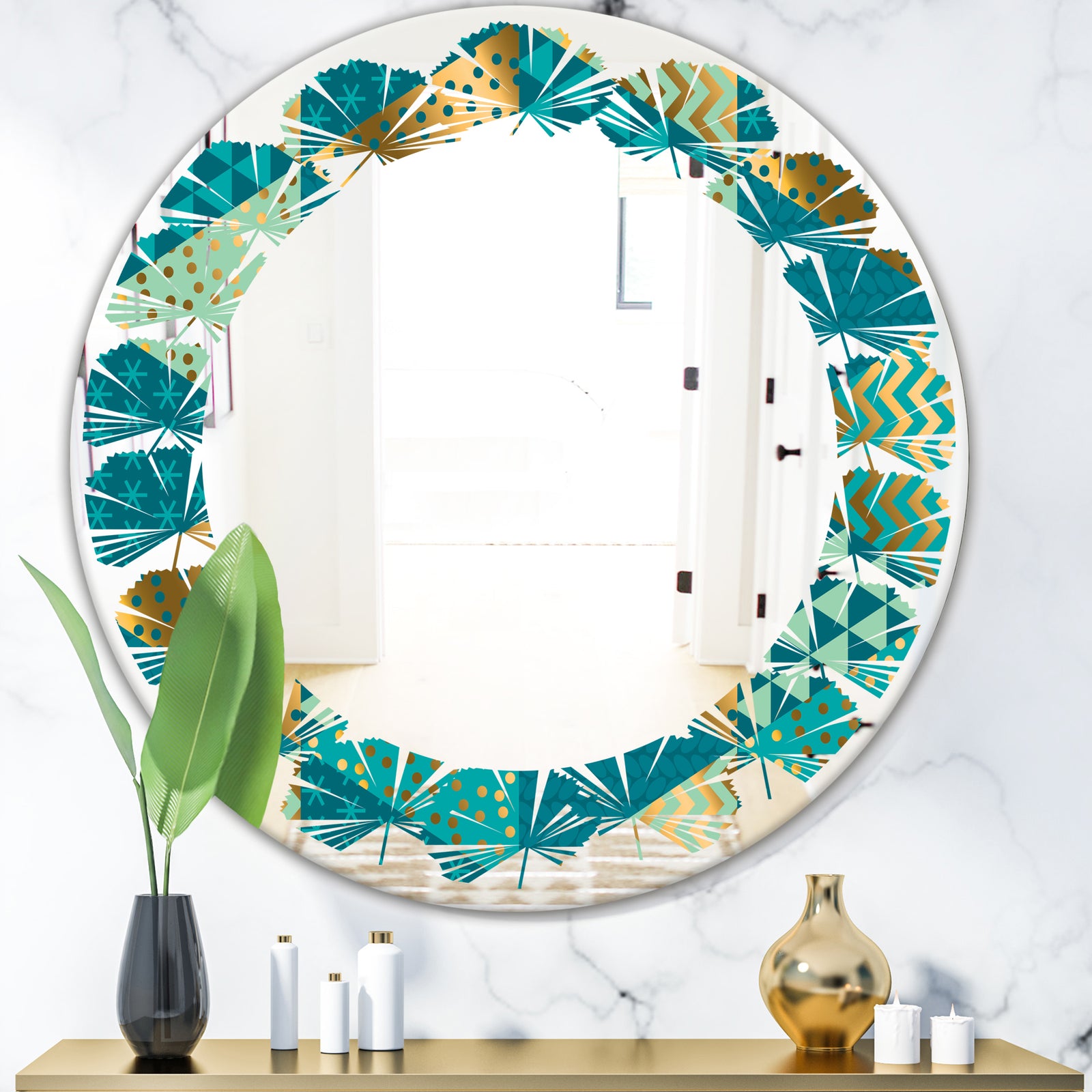 Gold and Blue Dynamics I - Modern Round or Oval Wall Mirror - Leaves