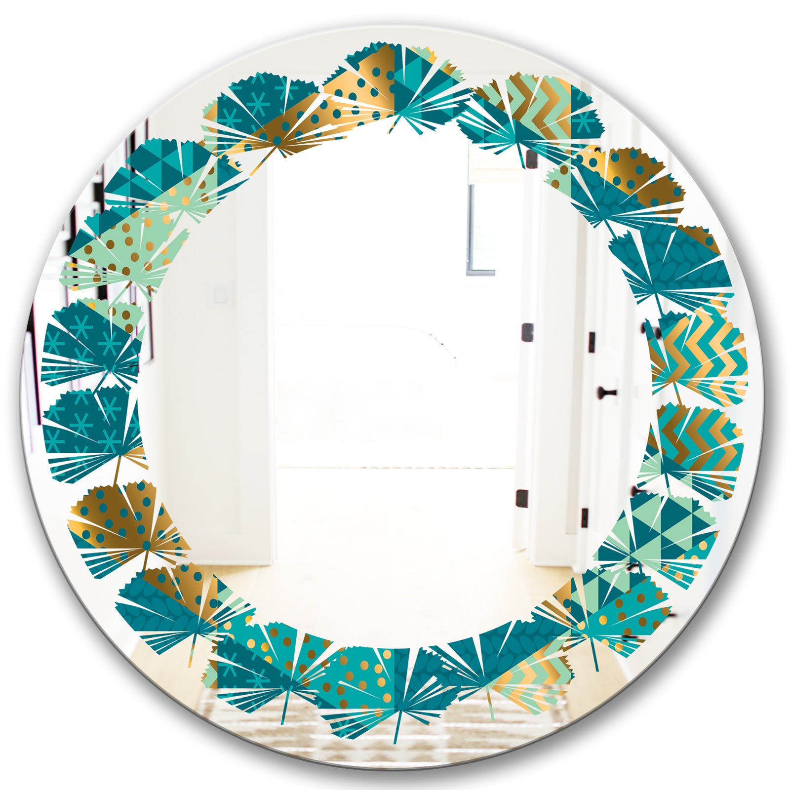 Gold and Blue Dynamics I - Modern Round or Oval Wall Mirror - Leaves