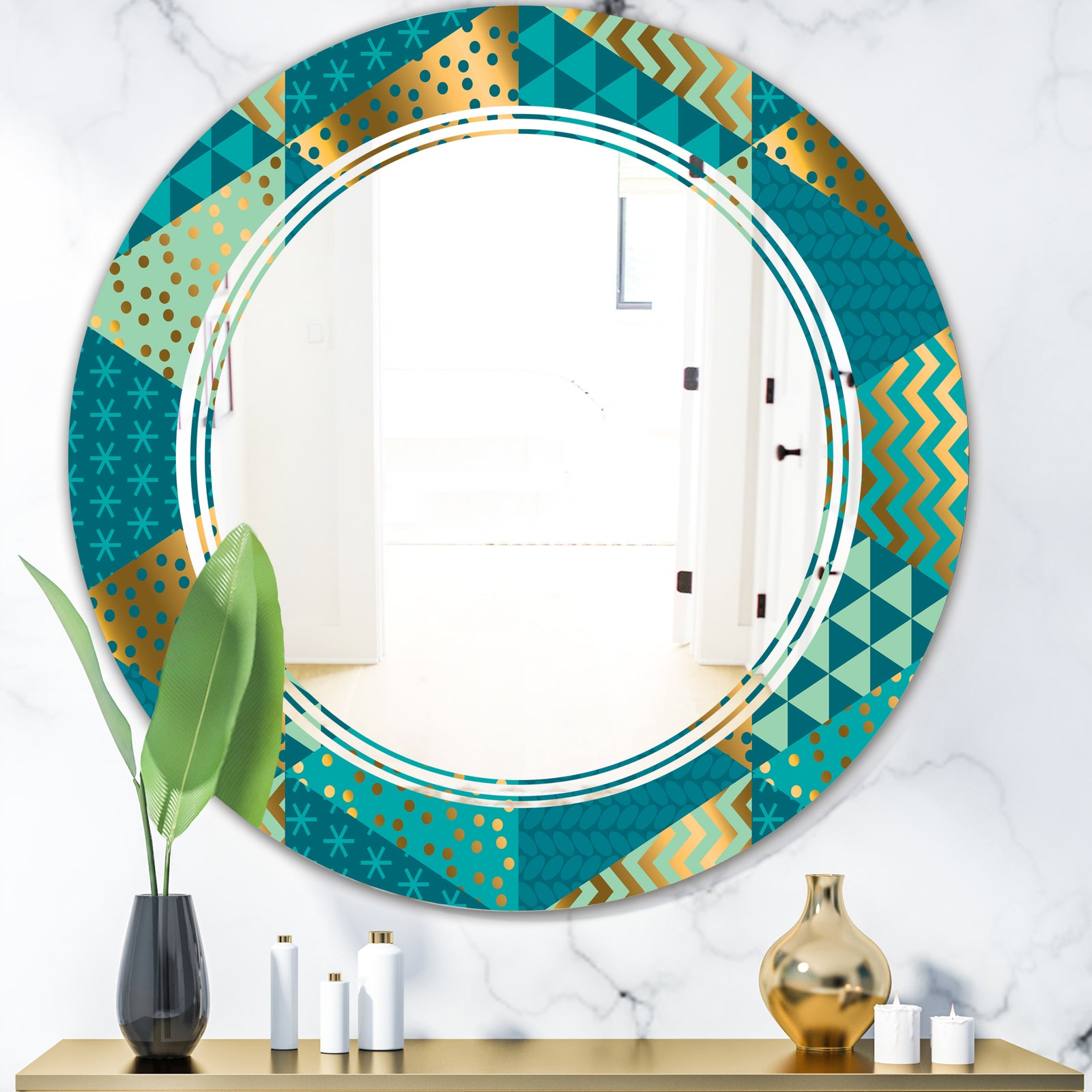 Gold and Blue Dynamics I - Modern Round or Oval Wall Mirror - Triple C