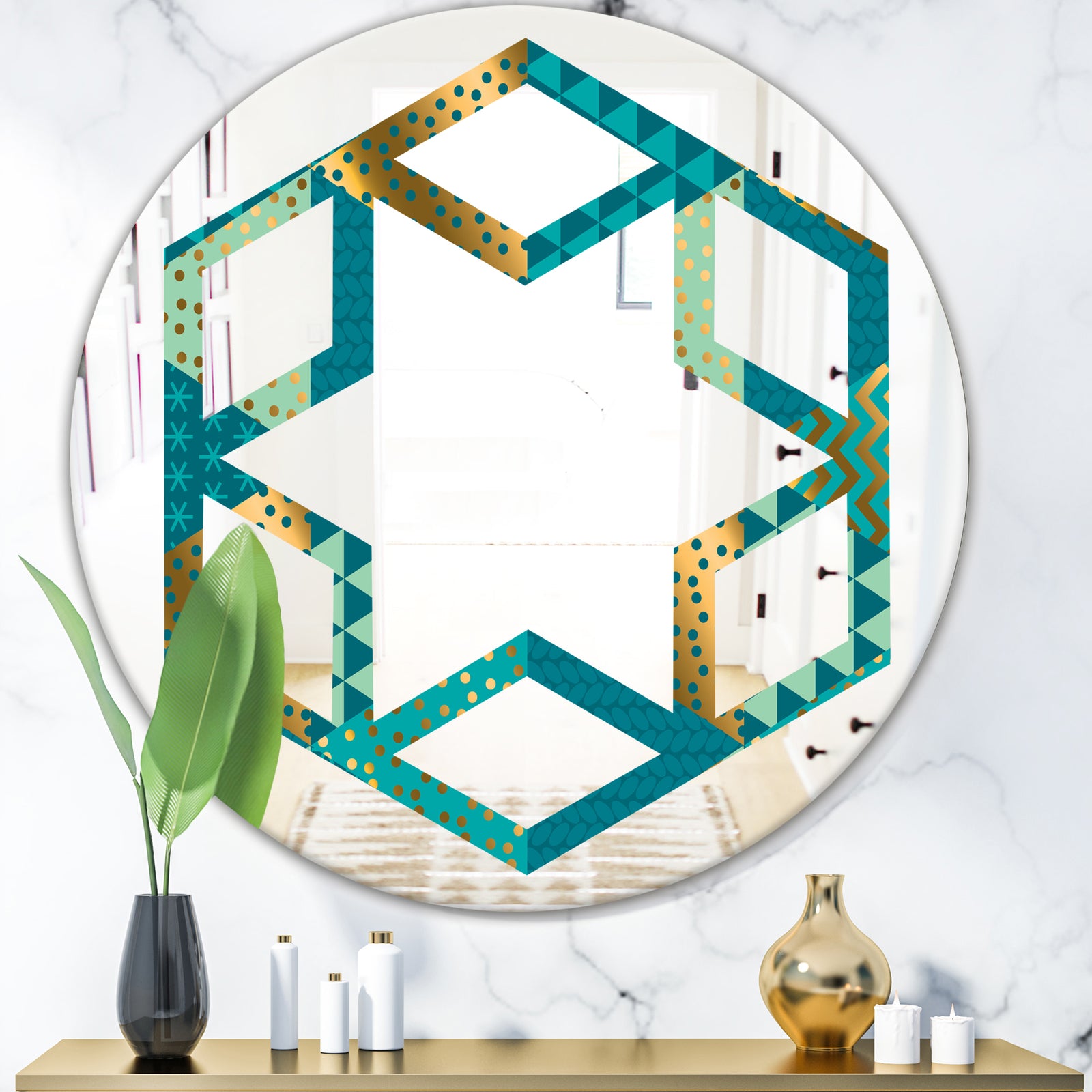 Gold and Blue Dynamics I - Modern Round or Oval Wall Mirror - Hexagon Star