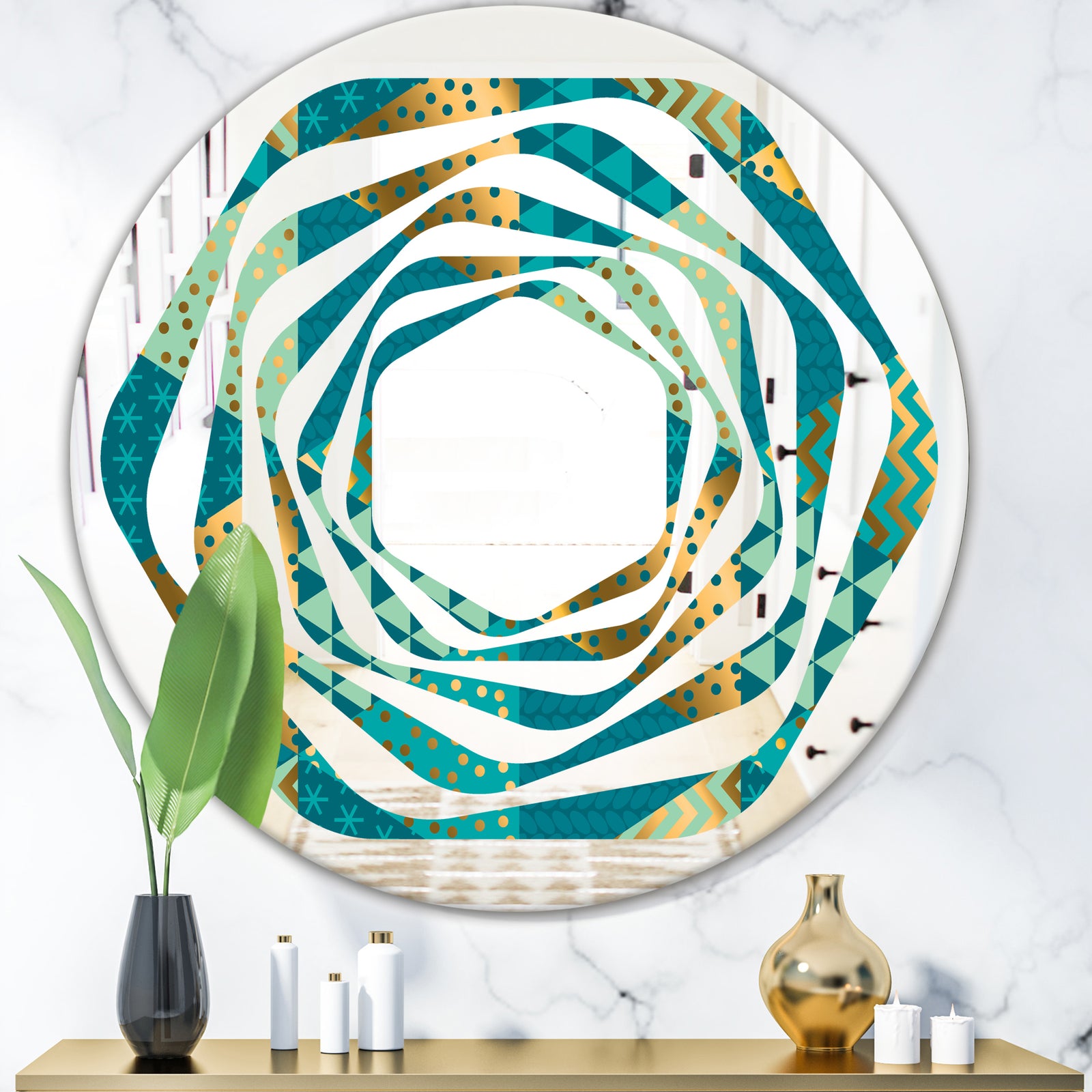 Gold and Blue Dynamics I - Modern Round or Oval Wall Mirror - Whirl