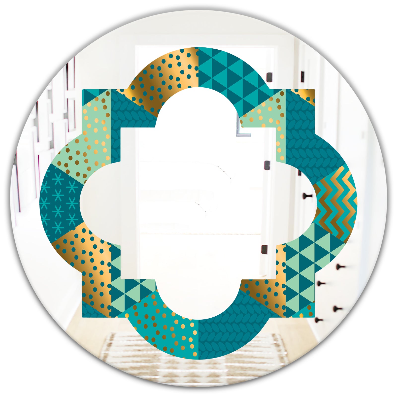 Gold and Blue Dynamics I - Modern Round or Oval Wall Mirror - Quatrefoil