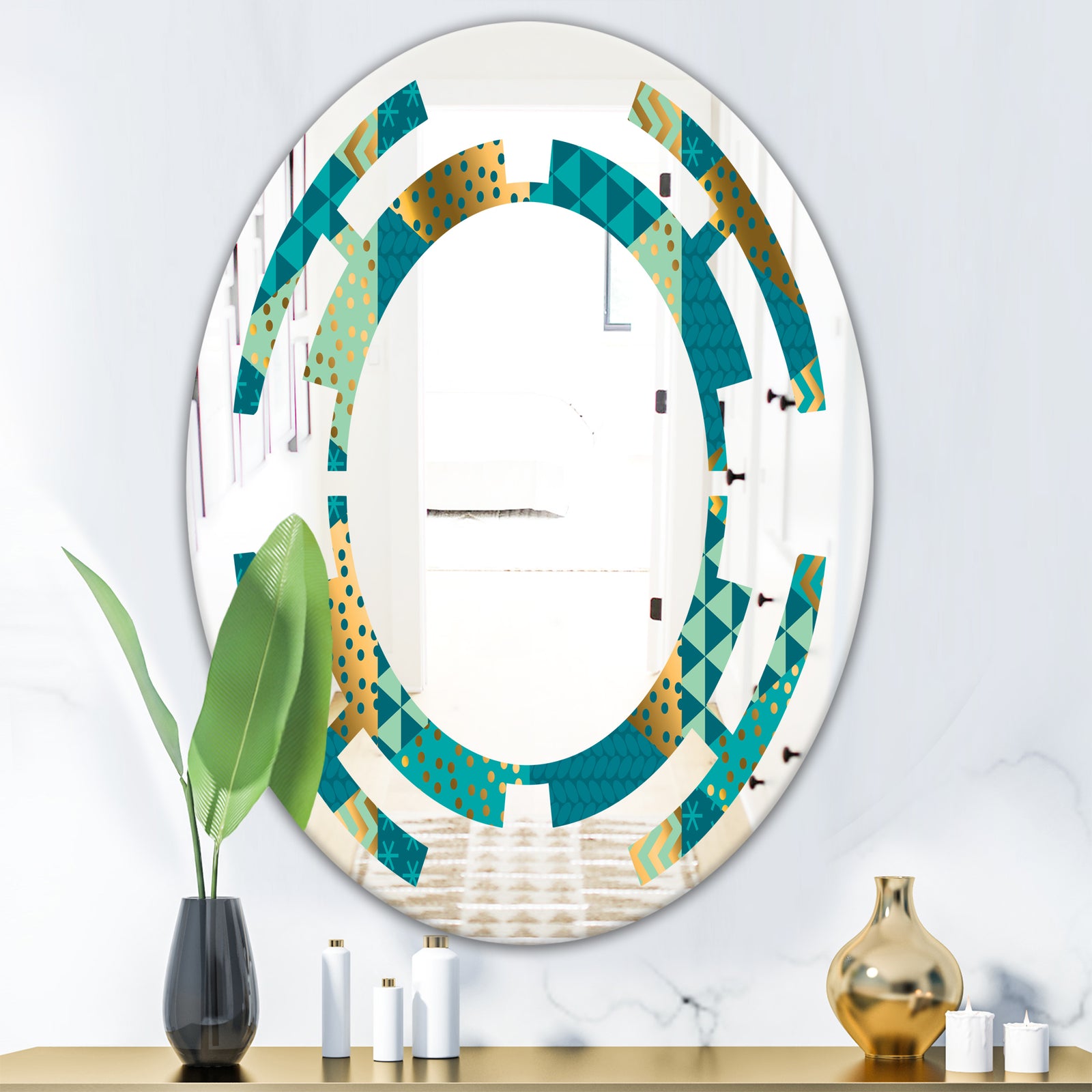 Gold and Blue Dynamics I - Modern Round or Oval Wall Mirror - Space