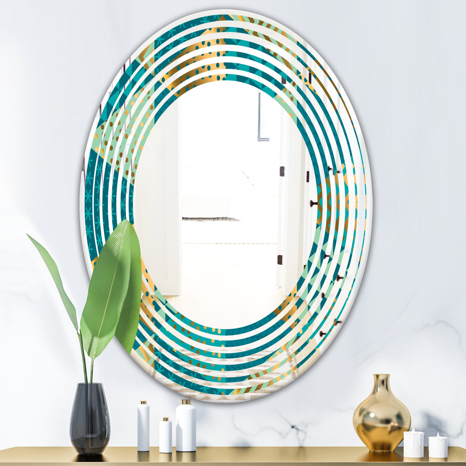 Gold and Blue Dynamics I - Modern Round or Oval Wall Mirror - Wave