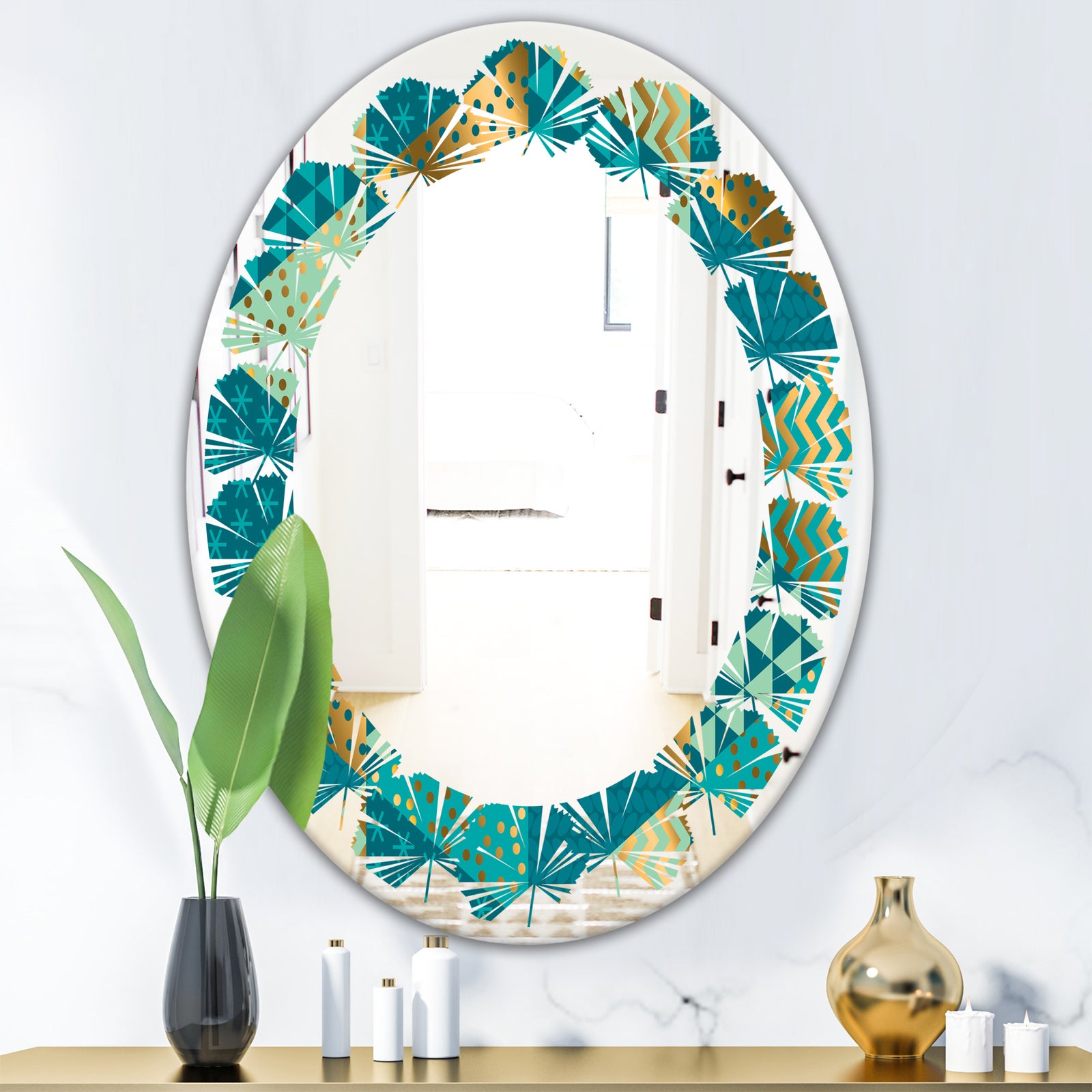 Gold and Blue Dynamics I - Modern Round or Oval Wall Mirror - Leaves