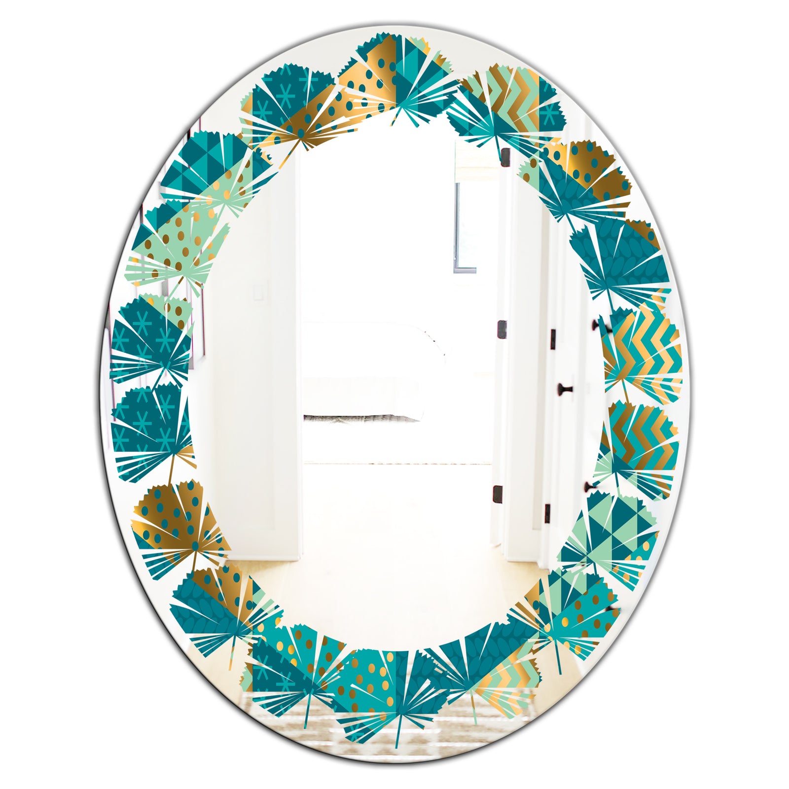 Gold and Blue Dynamics I - Modern Round or Oval Wall Mirror - Leaves