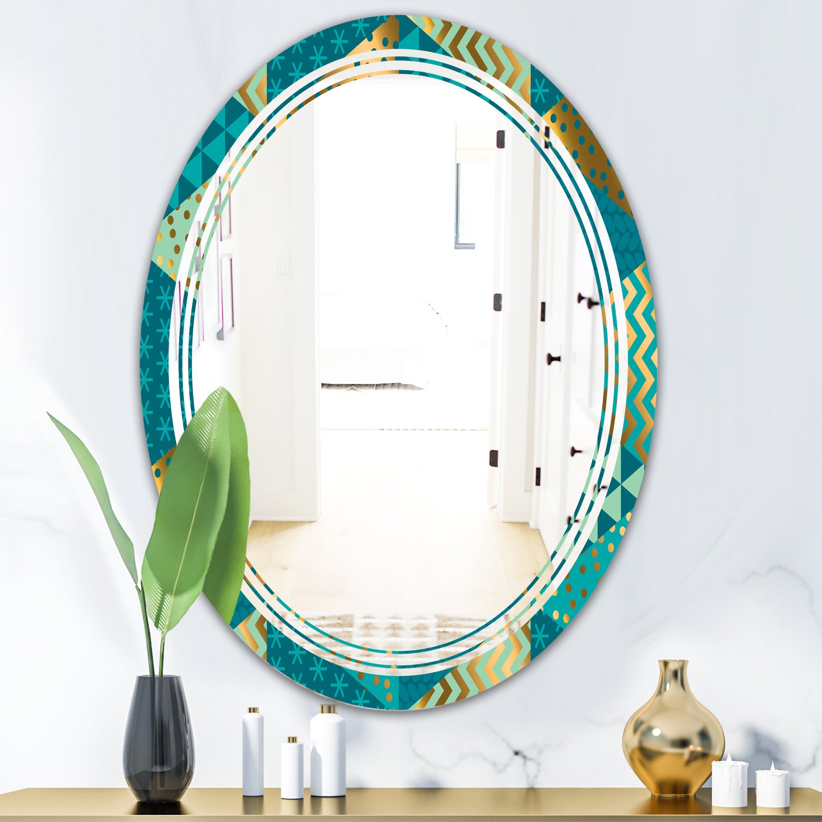 Gold and Blue Dynamics I - Modern Round or Oval Wall Mirror - Triple C