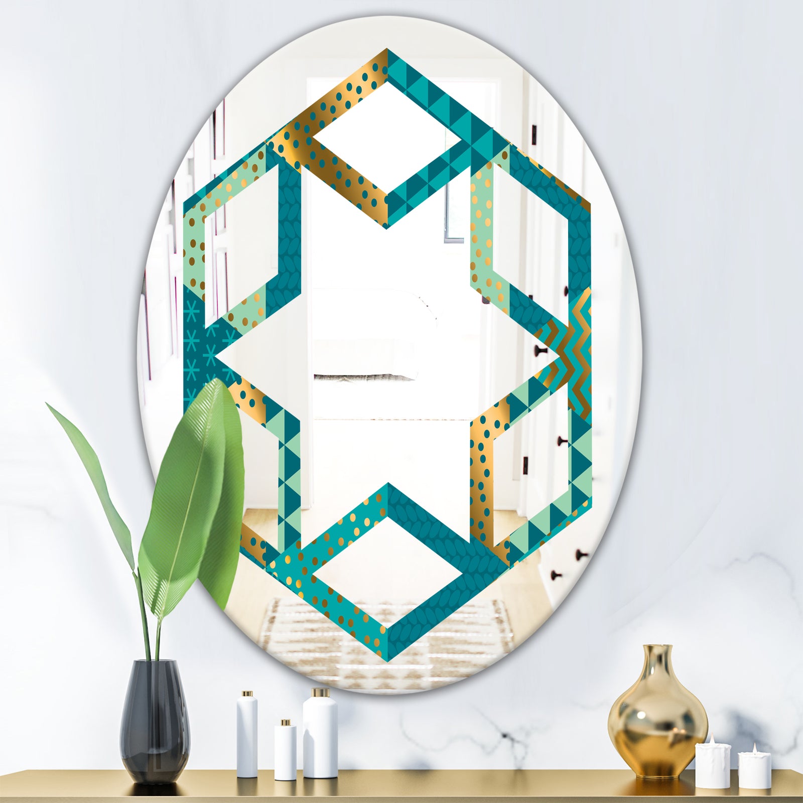 Gold and Blue Dynamics I - Modern Round or Oval Wall Mirror - Hexagon Star