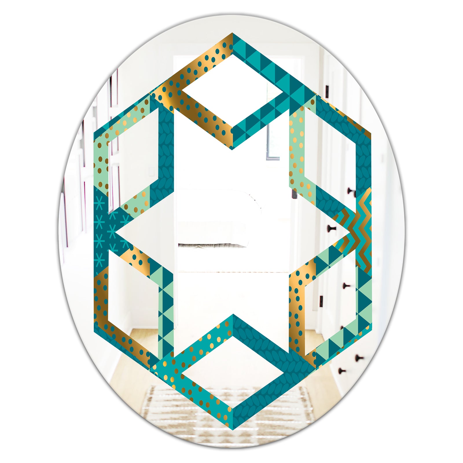 Gold and Blue Dynamics I - Modern Round or Oval Wall Mirror - Hexagon Star