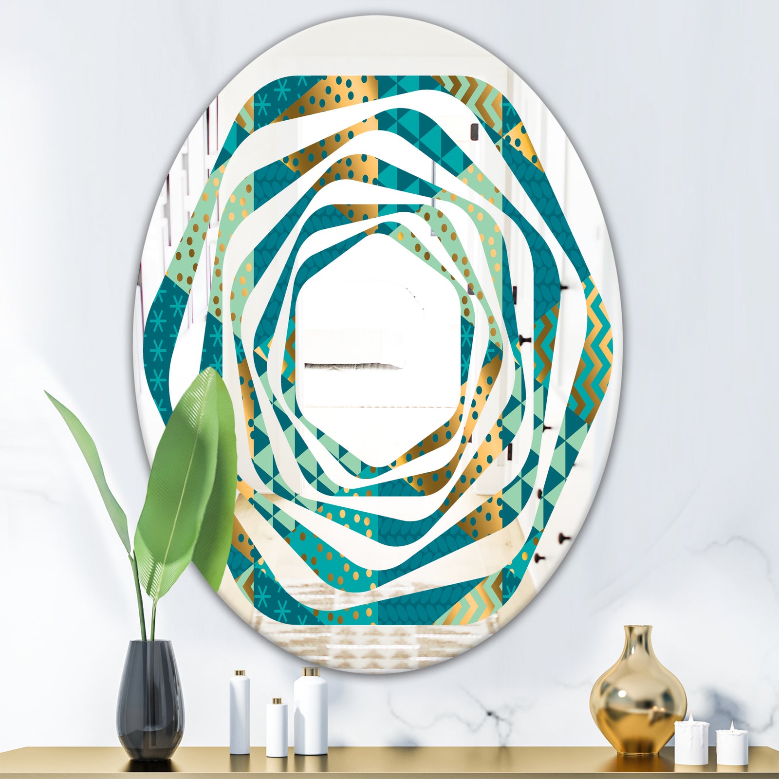 Gold and Blue Dynamics I - Modern Round or Oval Wall Mirror - Whirl