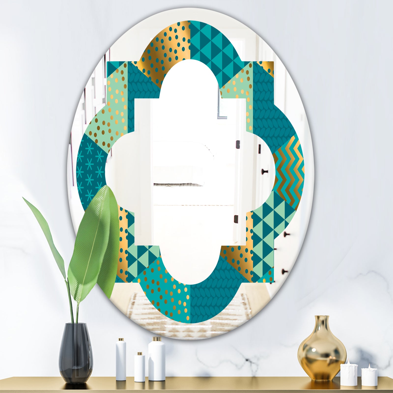 Gold and Blue Dynamics I - Modern Round or Oval Wall Mirror - Quatrefoil