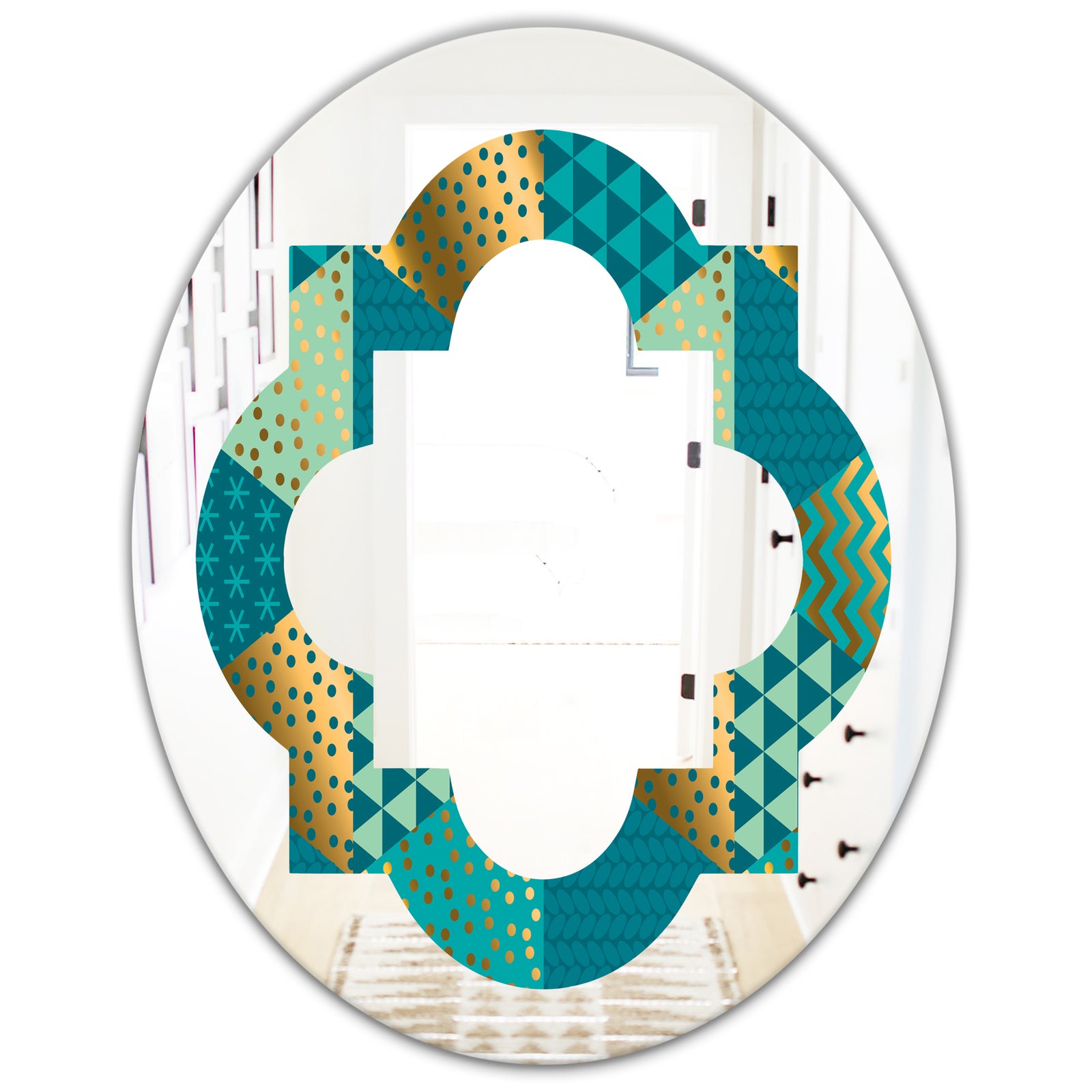Gold and Blue Dynamics I - Modern Round or Oval Wall Mirror - Quatrefoil