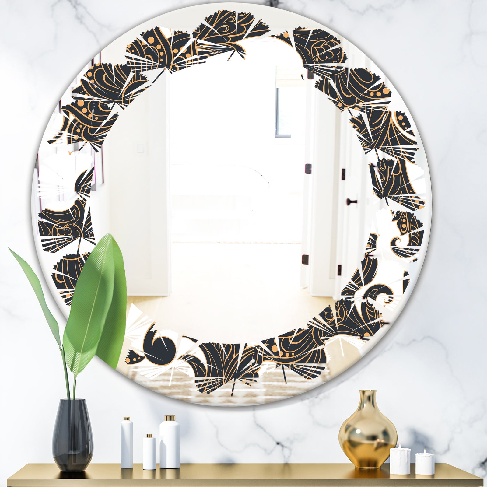 Retro Indian Floral Batik I - Modern Round or Oval Wall Mirror - Leaves