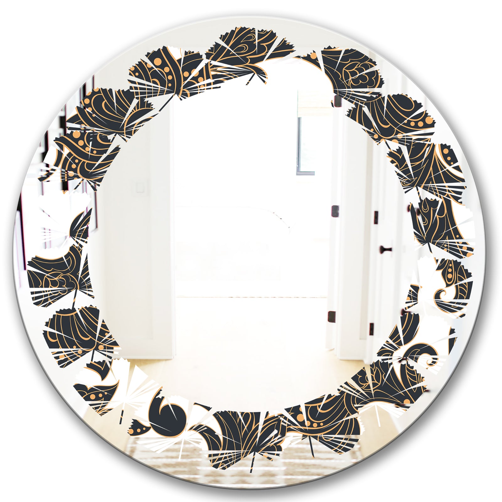 Retro Indian Floral Batik I - Modern Round or Oval Wall Mirror - Leaves