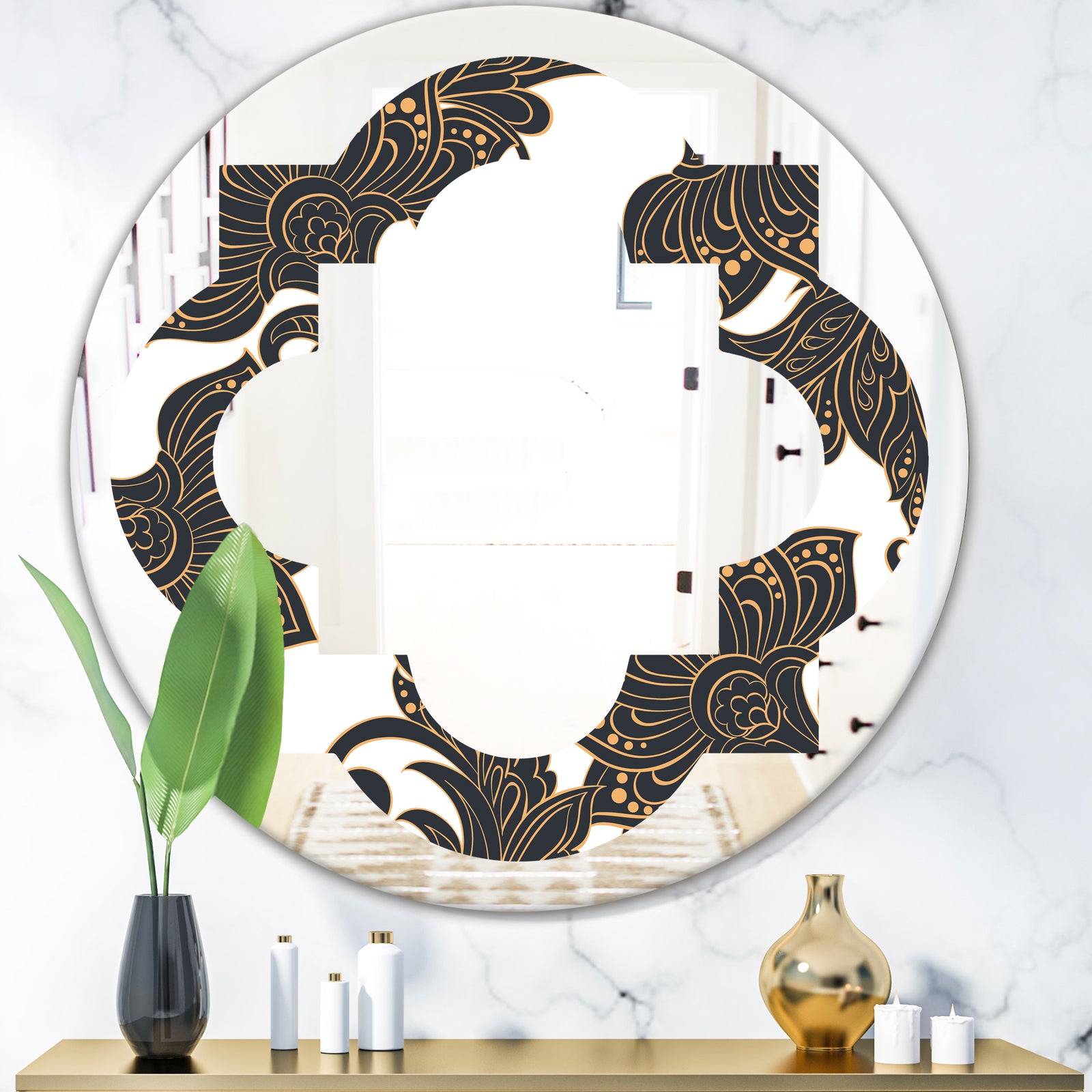 Retro Indian Floral Batik I - Modern Round or Oval Wall Mirror - Quatrefoil