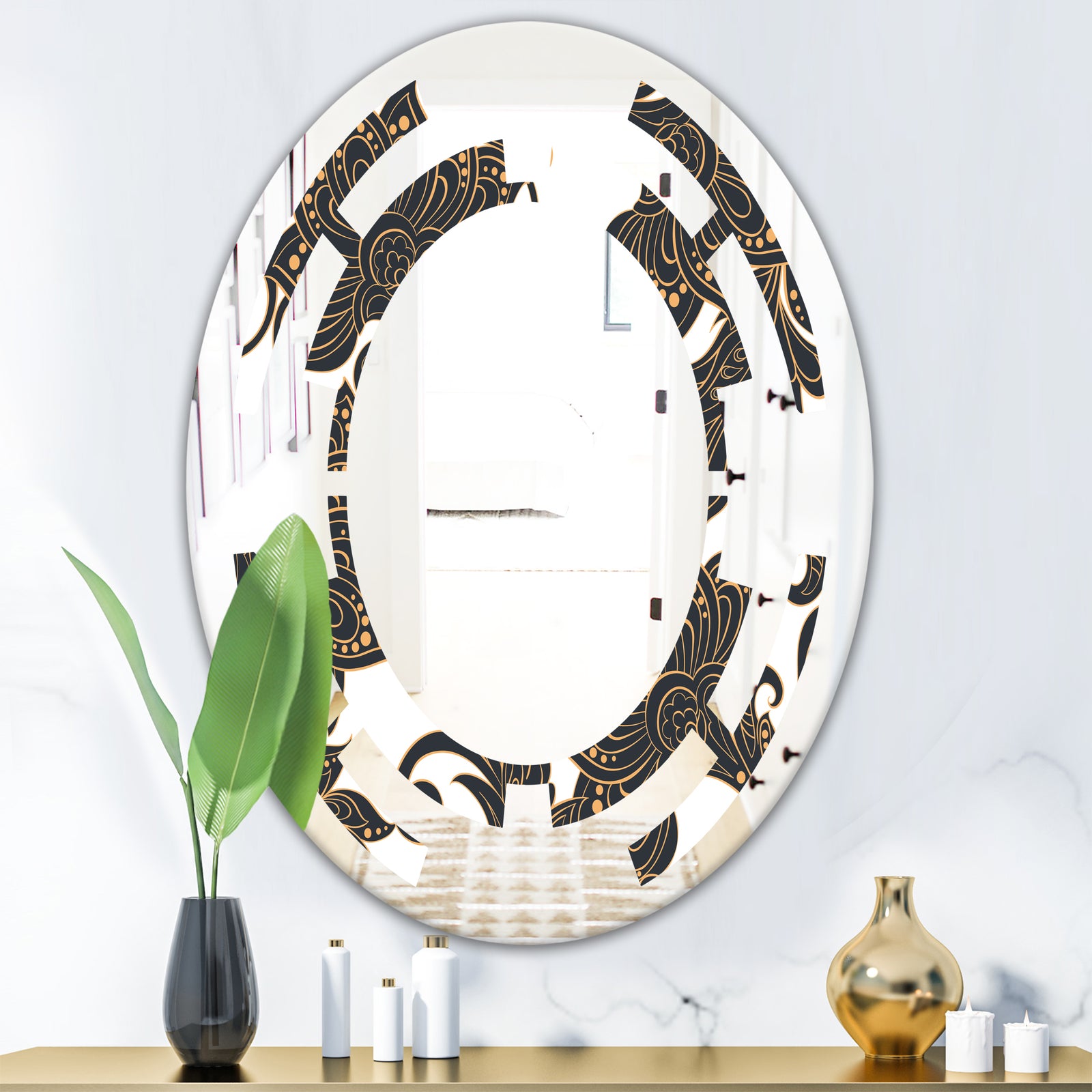 Retro Indian Floral Batik I - Modern Round or Oval Wall Mirror - Space