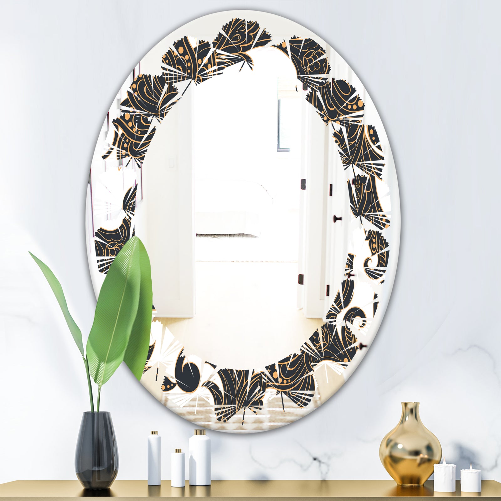 Retro Indian Floral Batik I - Modern Round or Oval Wall Mirror - Leaves