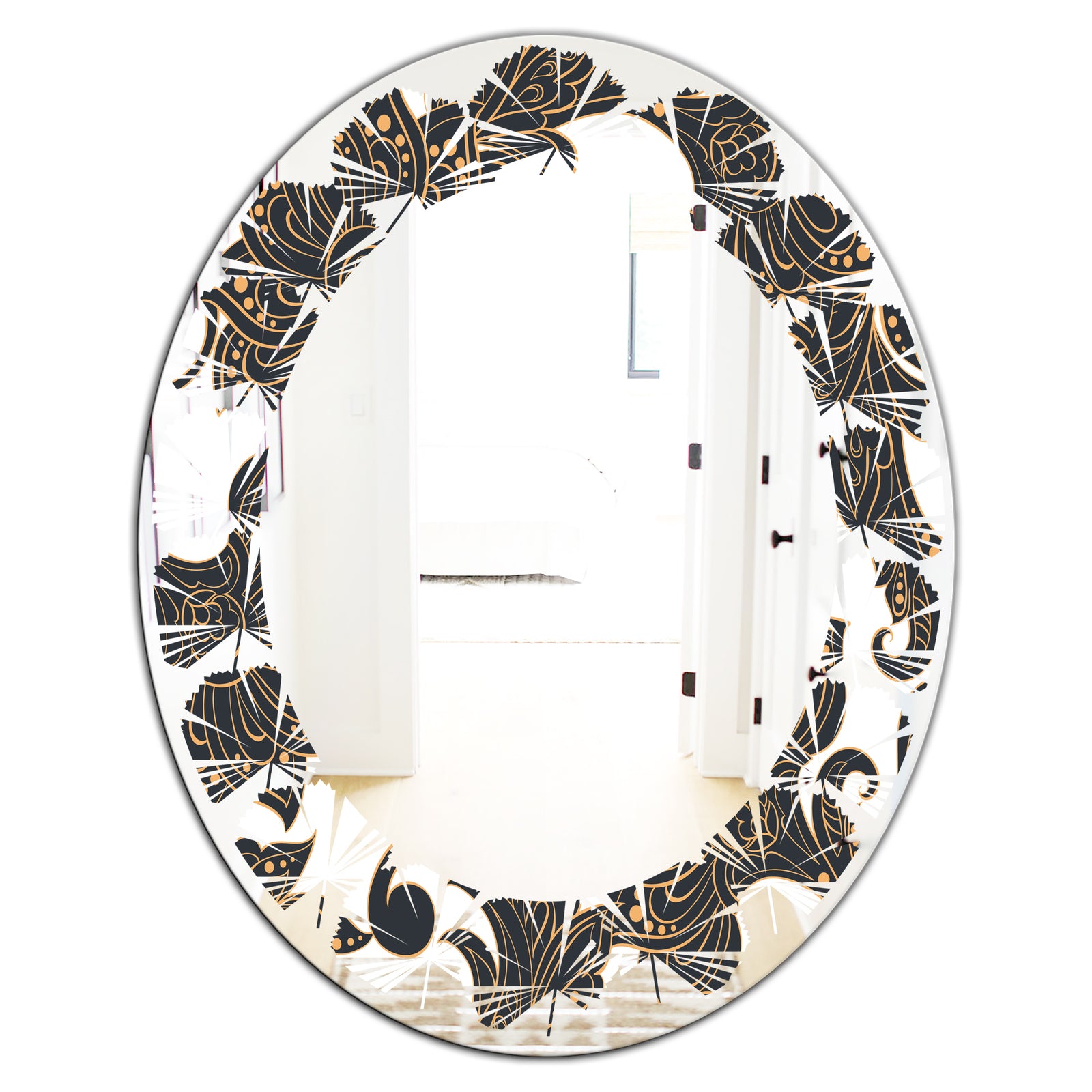 Retro Indian Floral Batik I - Modern Round or Oval Wall Mirror - Leaves