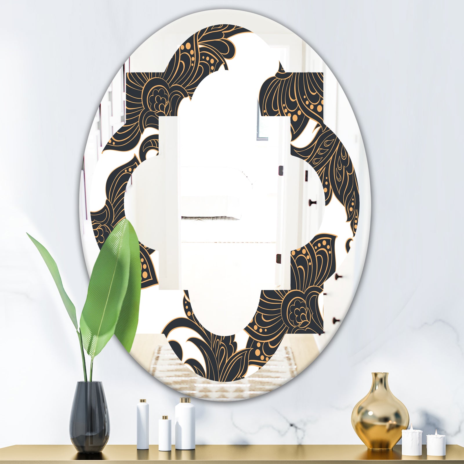 Retro Indian Floral Batik I - Modern Round or Oval Wall Mirror - Quatrefoil