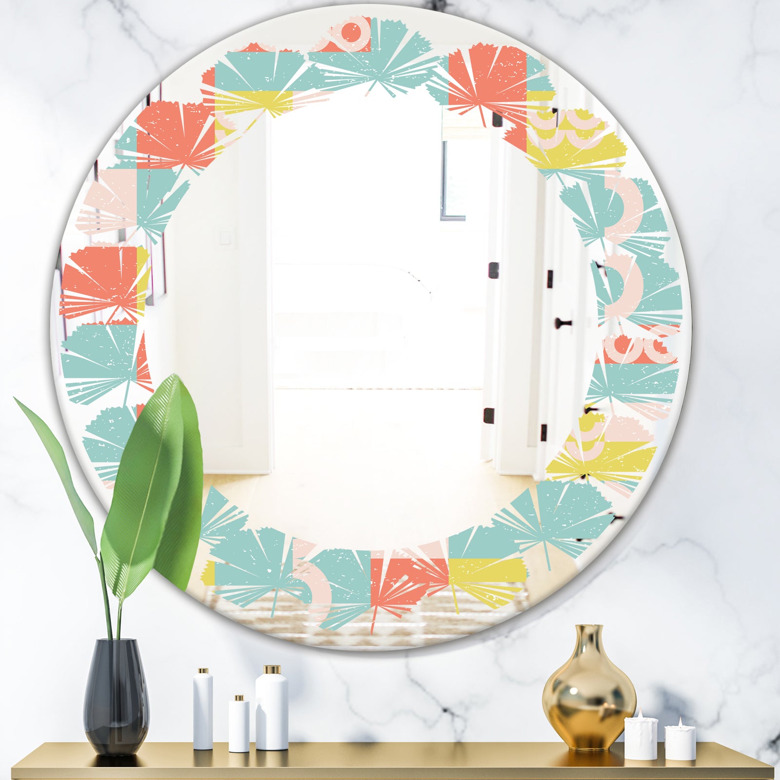 Retro Abstract Design III - Modern Round or Oval Wall Mirror - Leaves
