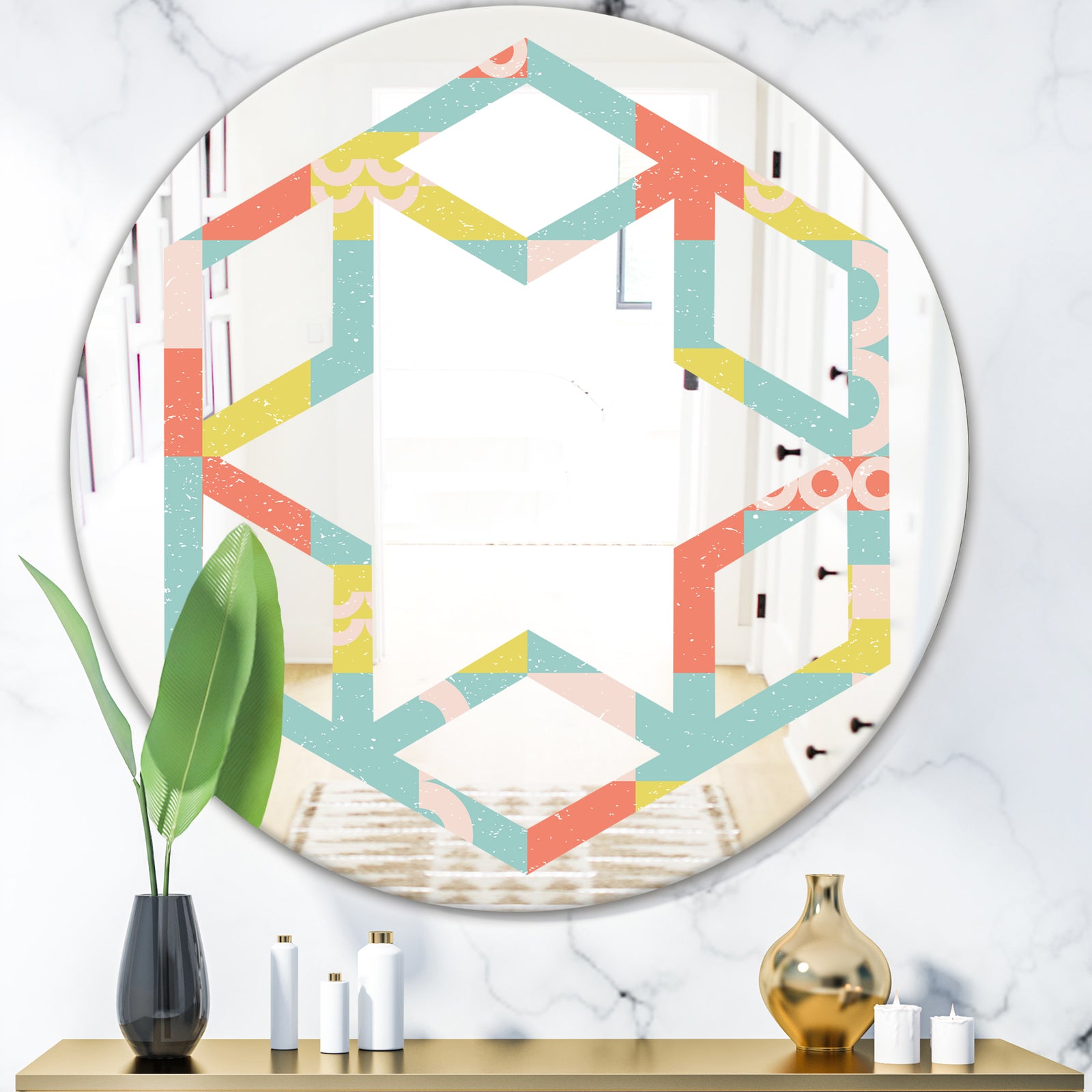 Retro Abstract Design III - Modern Round or Oval Wall Mirror - Hexagon Star