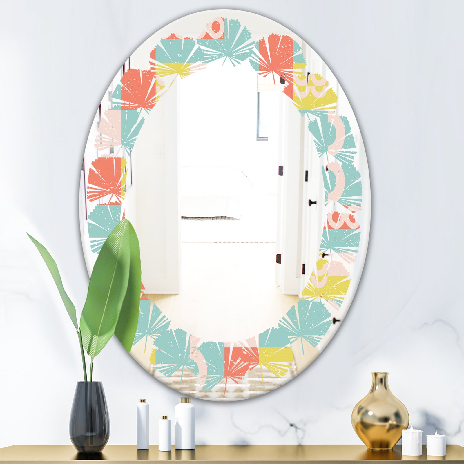 Retro Abstract Design III - Modern Round or Oval Wall Mirror - Leaves