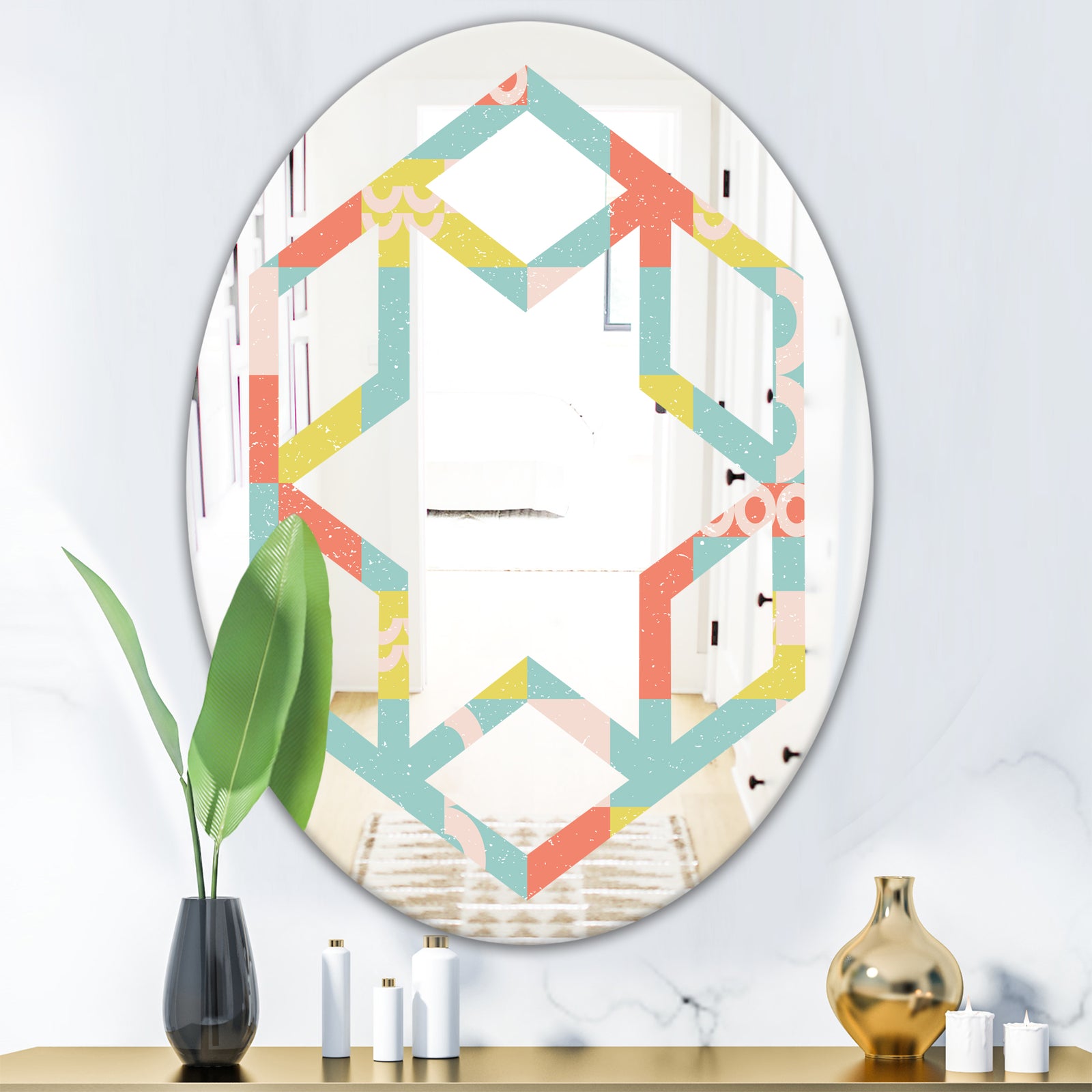 Retro Abstract Design III - Modern Round or Oval Wall Mirror - Hexagon Star