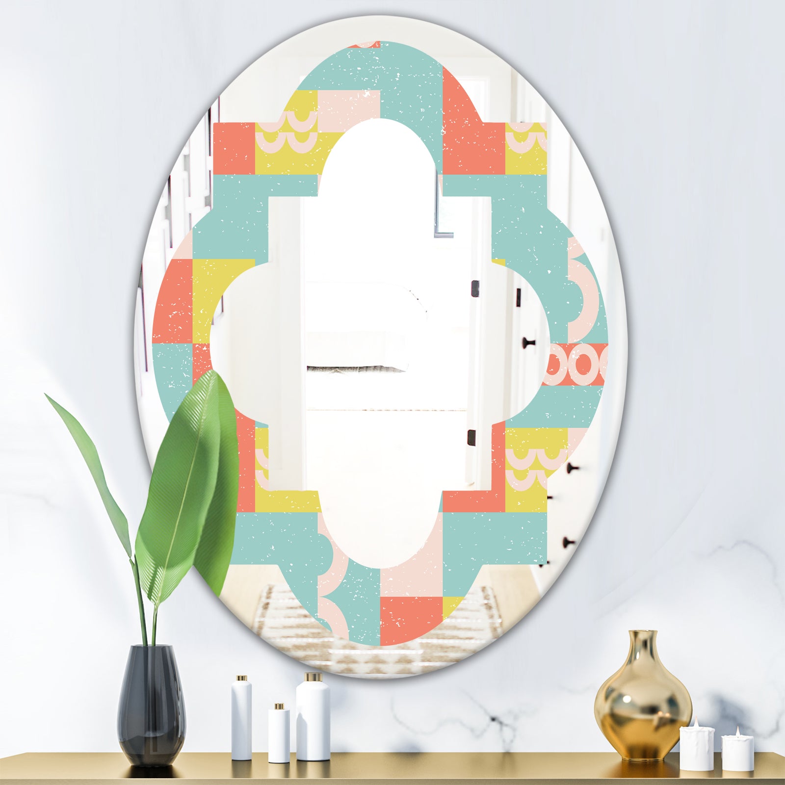 Retro Abstract Design III - Modern Round or Oval Wall Mirror - Quatrefoil