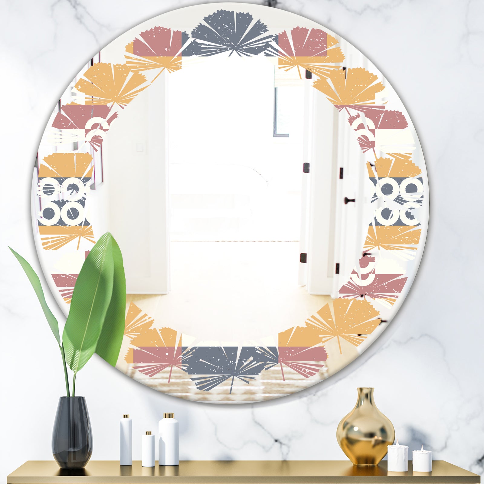 Retro Geometric Design VI - Modern Round or Oval Wall Mirror - Leaves