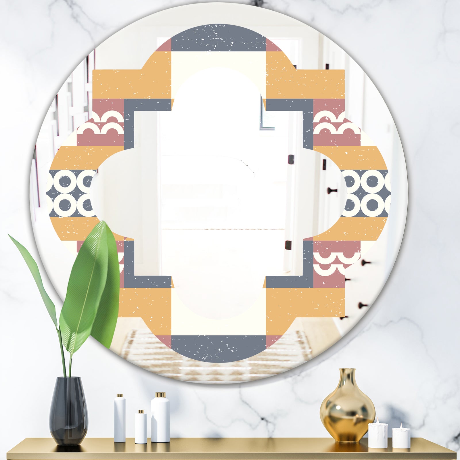Retro Geometric Design VI - Modern Round or Oval Wall Mirror - Quatrefoil