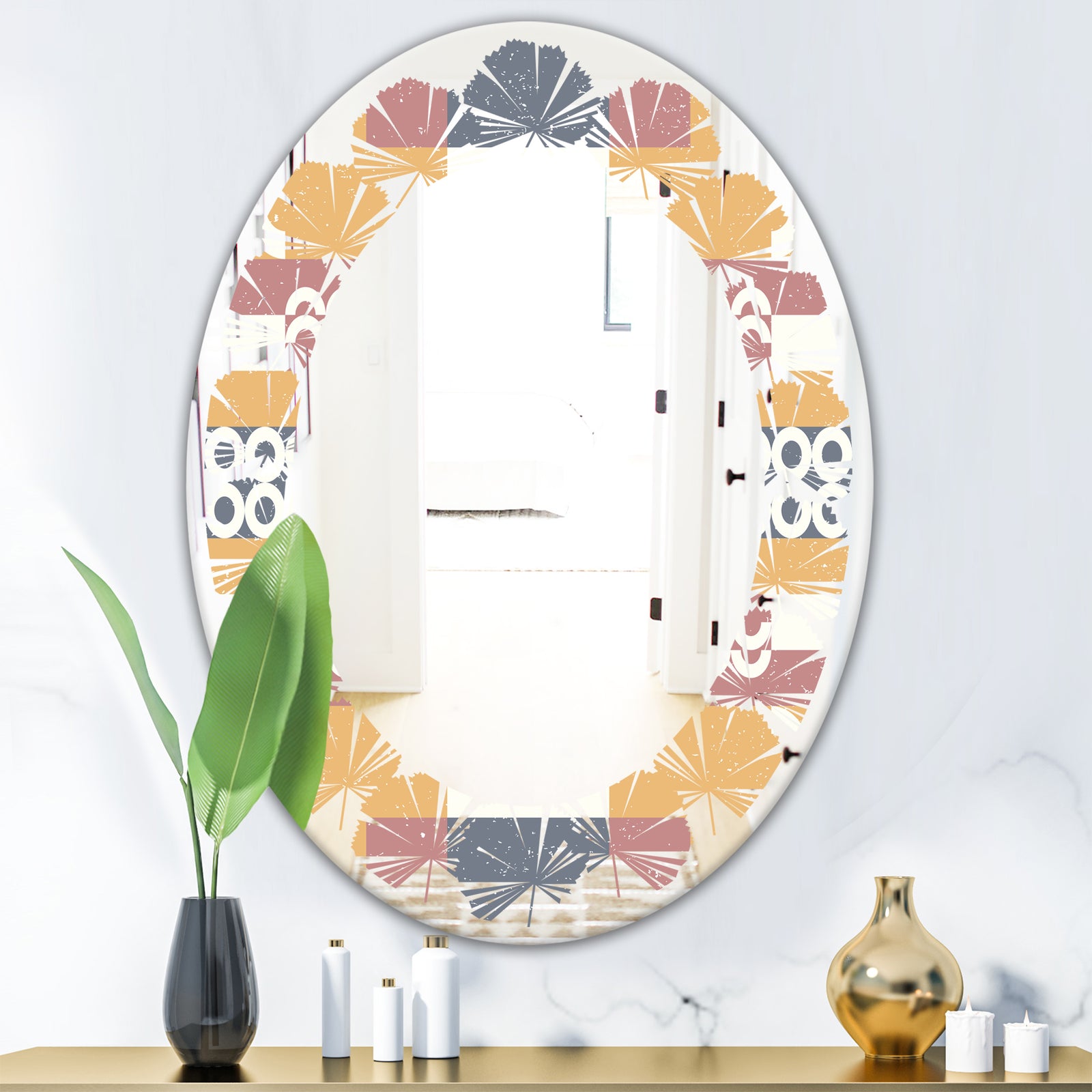 Retro Geometric Design VI - Modern Round or Oval Wall Mirror - Leaves