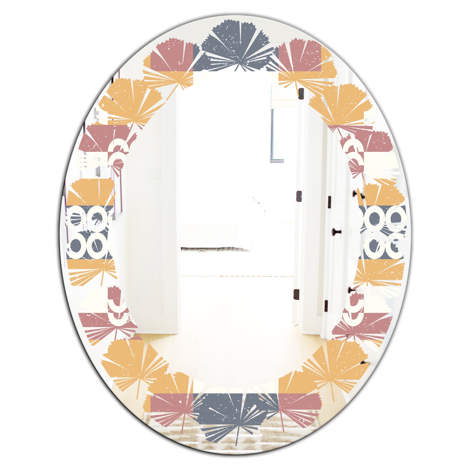 Retro Geometric Design VI - Modern Round or Oval Wall Mirror - Leaves