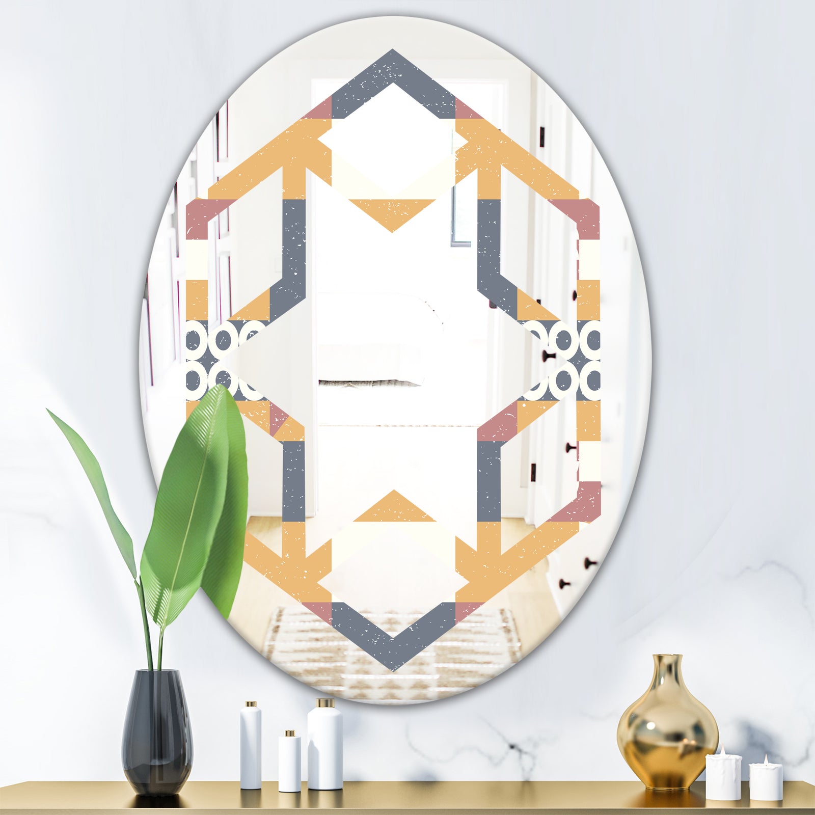 Retro Geometric Design VI - Modern Round or Oval Wall Mirror - Hexagon Star