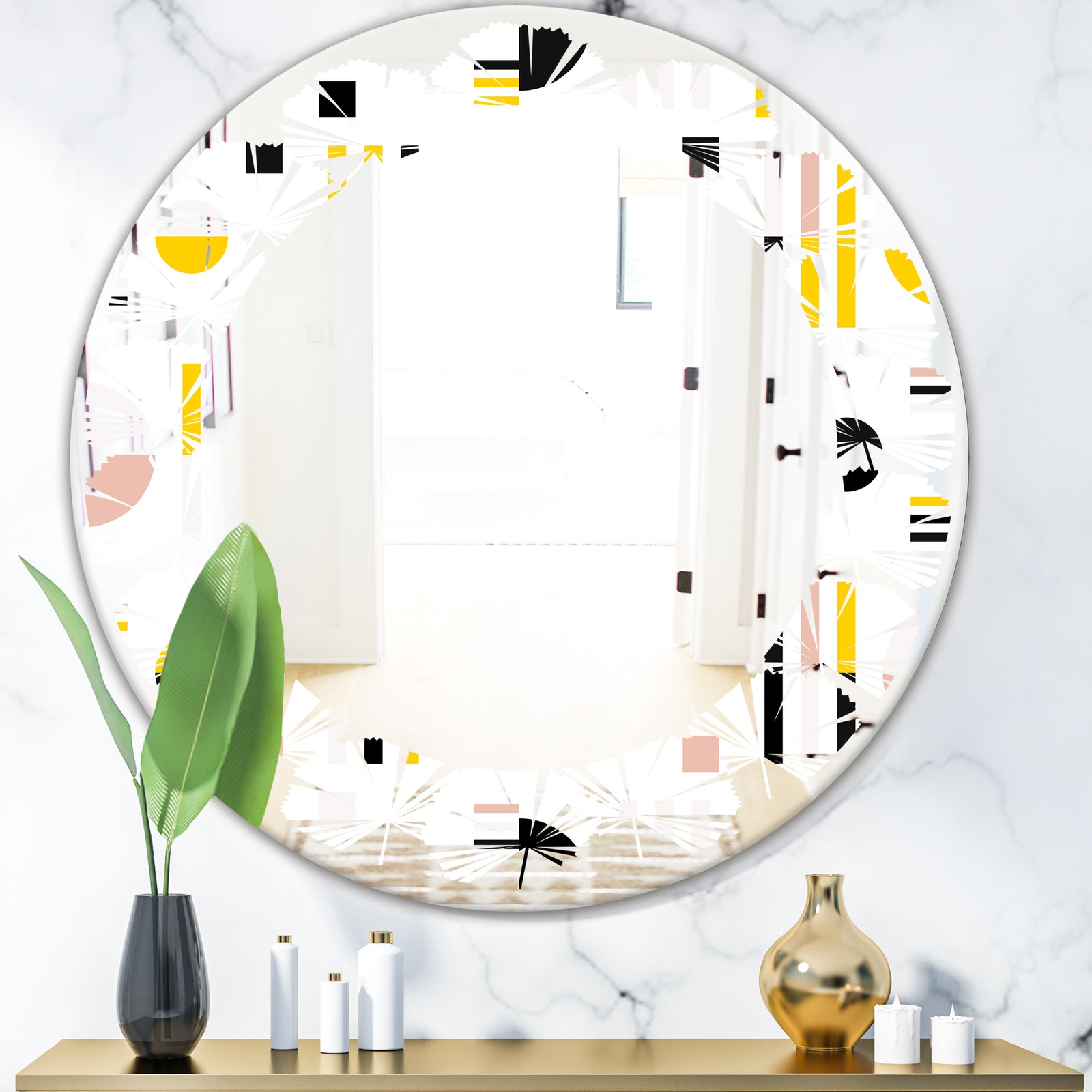 Retro Geometric Design IX - Modern Round or Oval Wall Mirror - Leaves