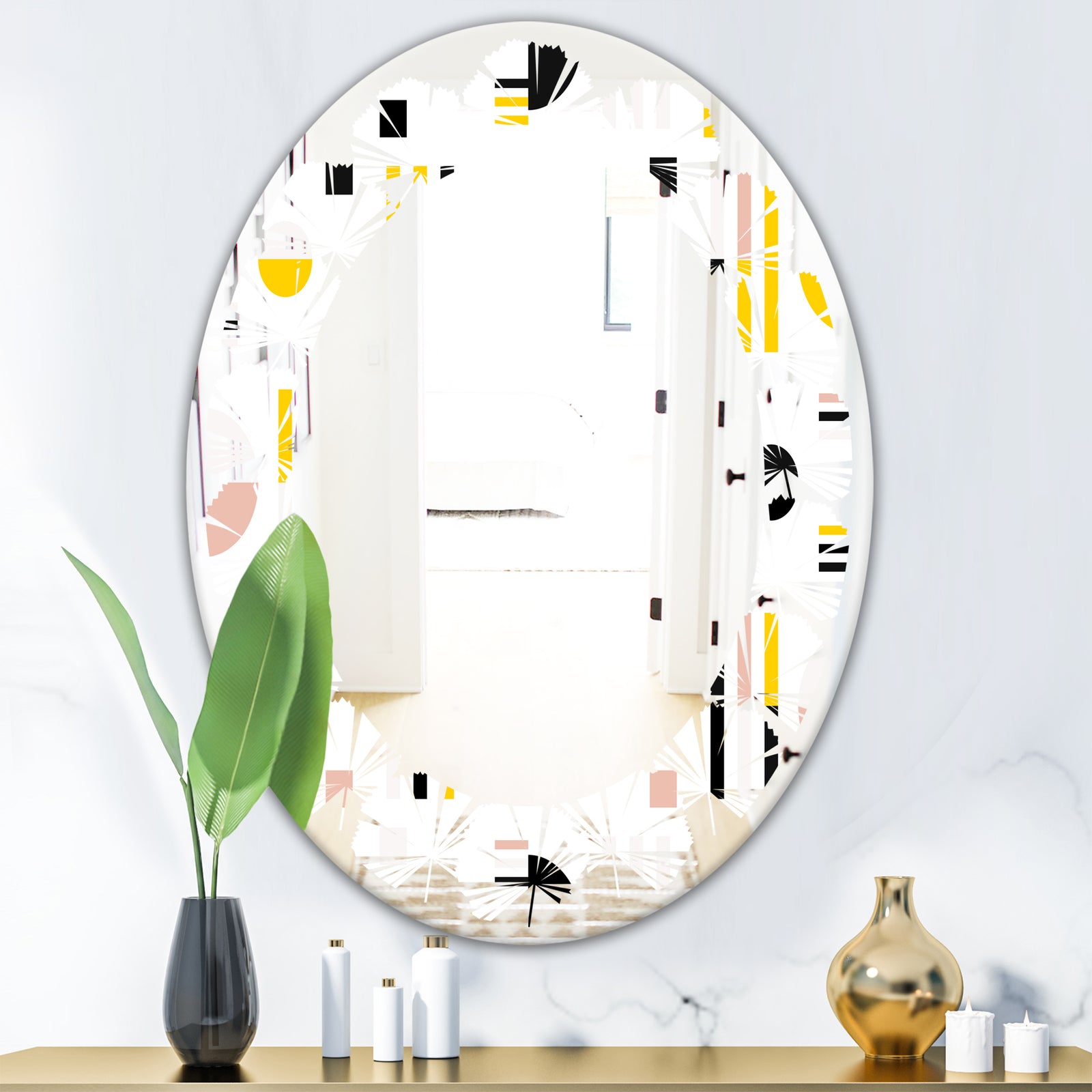Retro Geometric Design IX - Modern Round or Oval Wall Mirror - Leaves