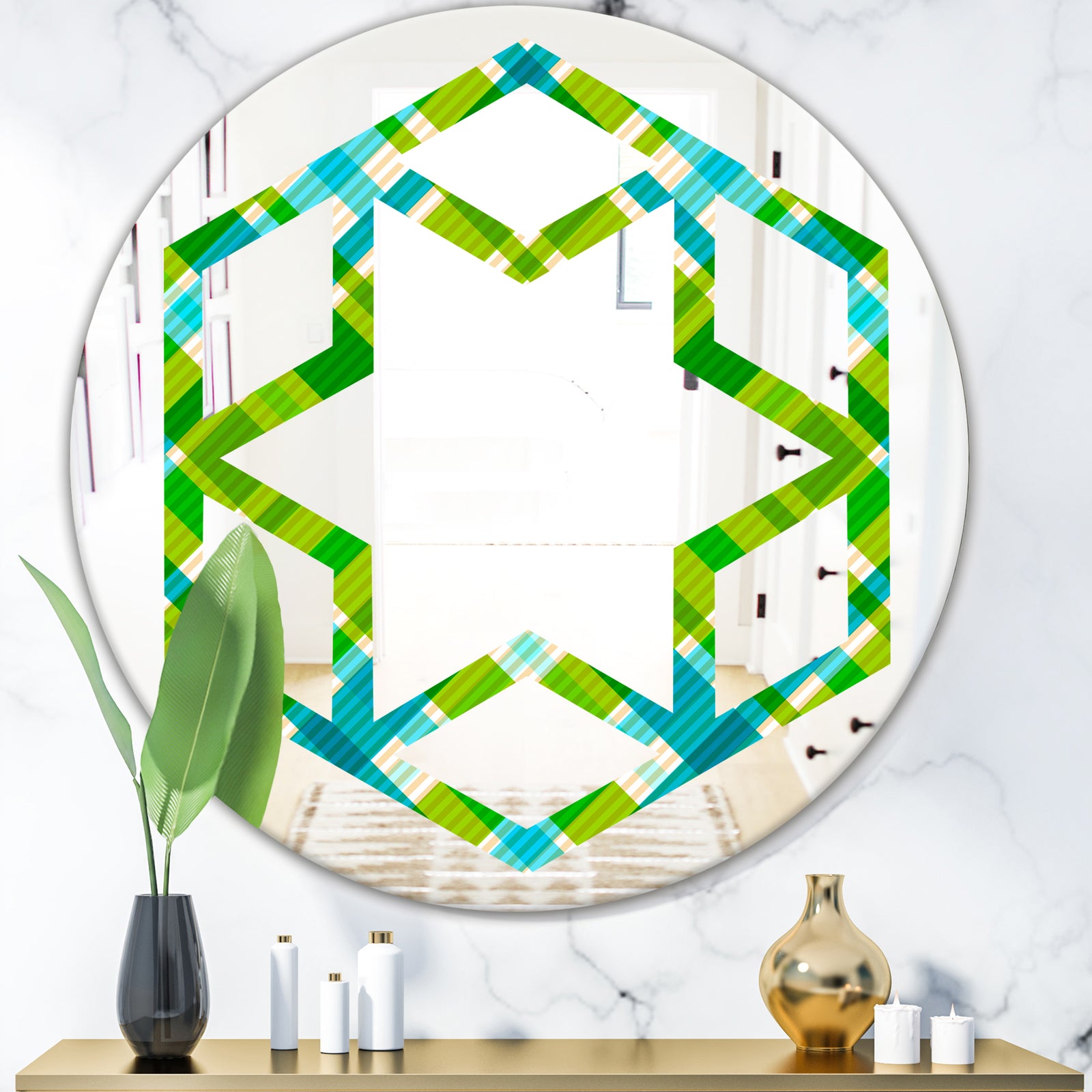 Tartan Geometrical Texture II - Modern Round or Oval Wall Mirror - Hexagon Star