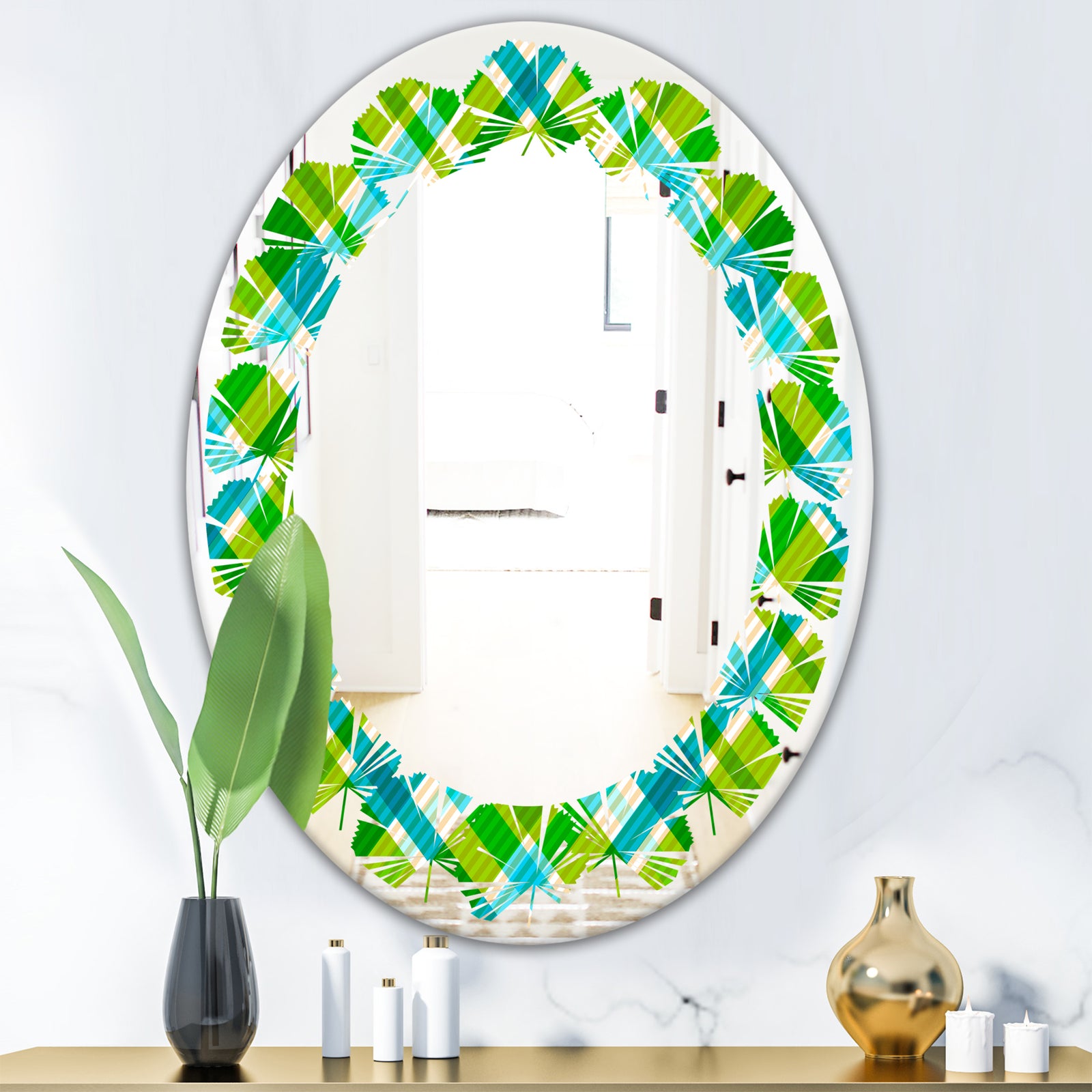 Tartan Geometrical Texture II - Modern Round or Oval Wall Mirror - Leaves