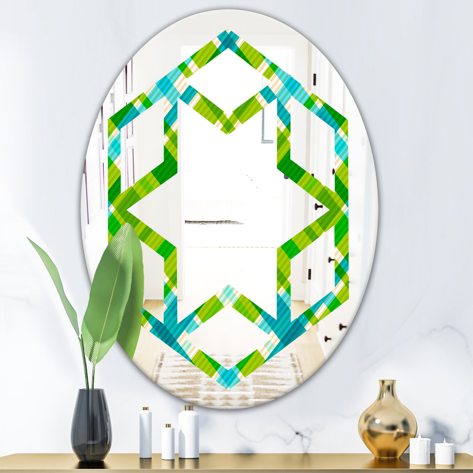 Tartan Geometrical Texture II - Modern Round or Oval Wall Mirror - Hexagon Star