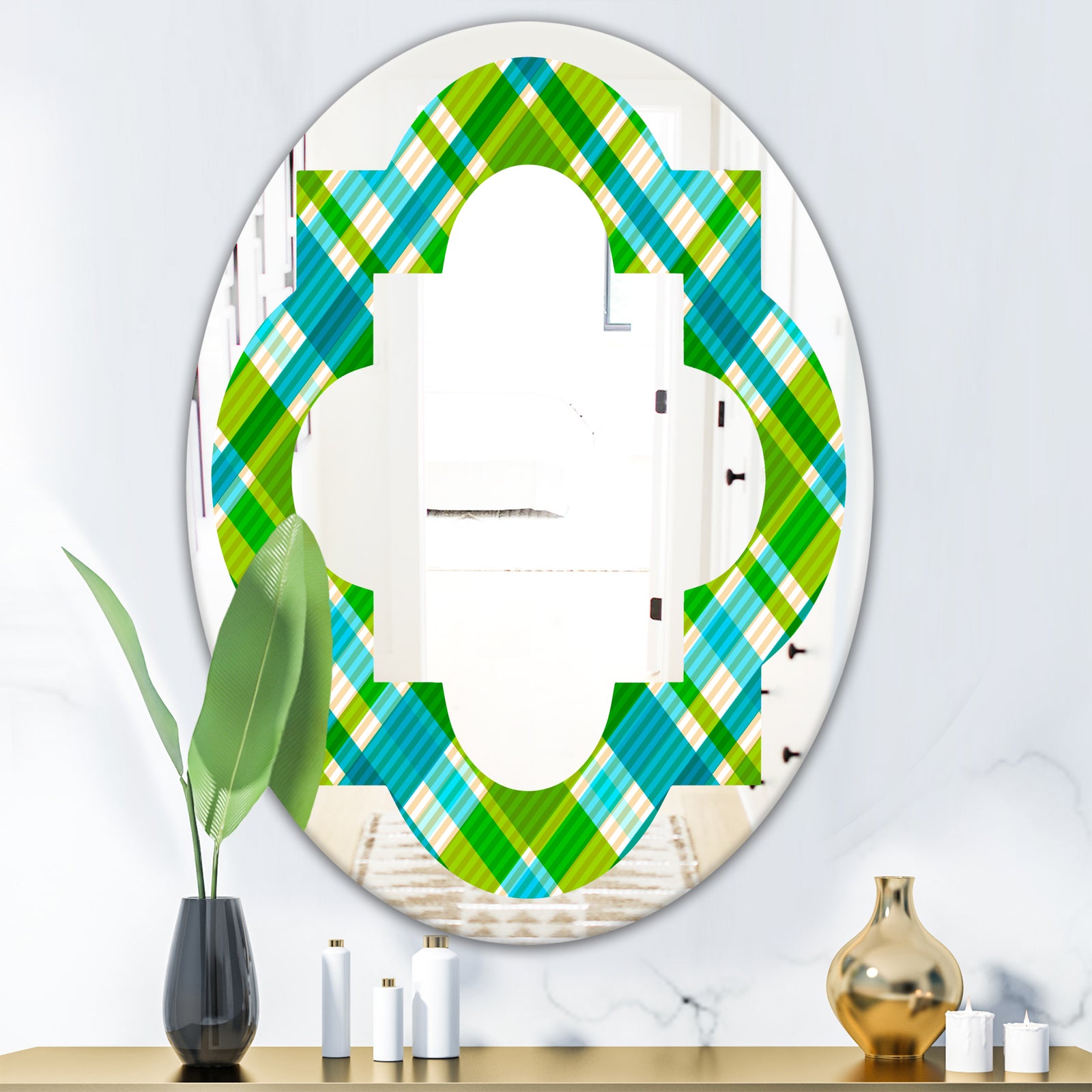 Tartan Geometrical Texture II - Modern Round or Oval Wall Mirror - Quatrefoil