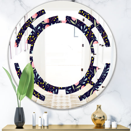 Handdrawn Pink Flowers - Modern Round or Oval Wall Mirror - Space