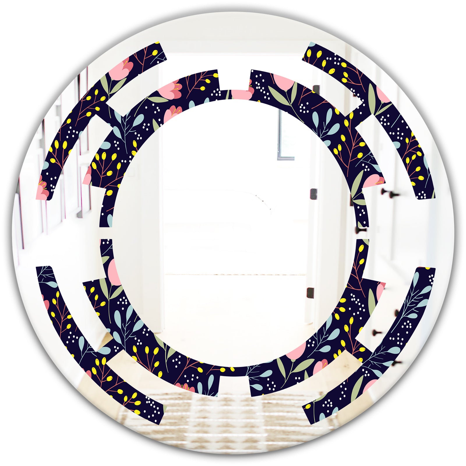 Handdrawn Pink Flowers - Modern Round or Oval Wall Mirror - Space