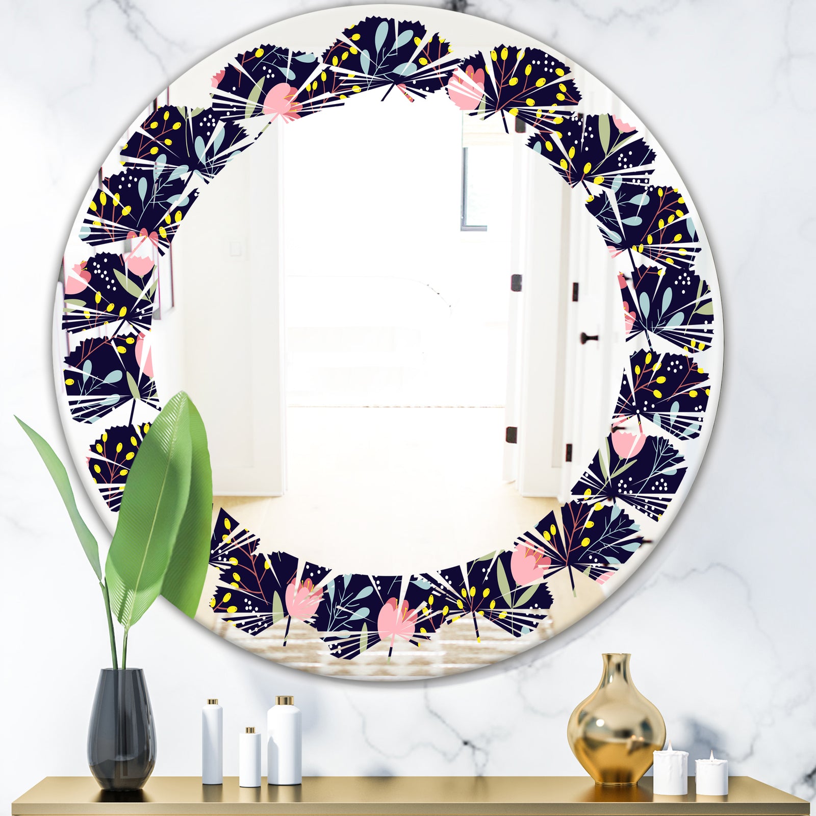 Handdrawn Pink Flowers - Modern Round or Oval Wall Mirror - Leaves